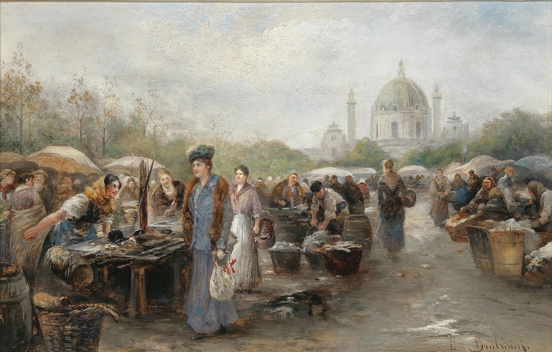 Genre scene depicting a market near the Church of St. Charles, oil painting by Emil Barbarini