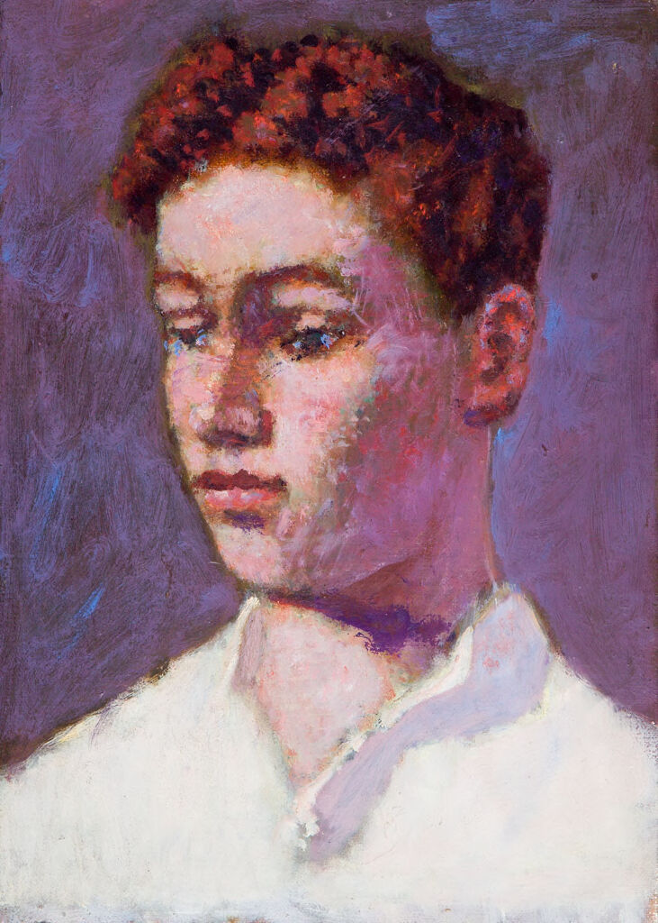 Portrait of a young man in open white shirt, oil on canvas by Denman Waldo Ross