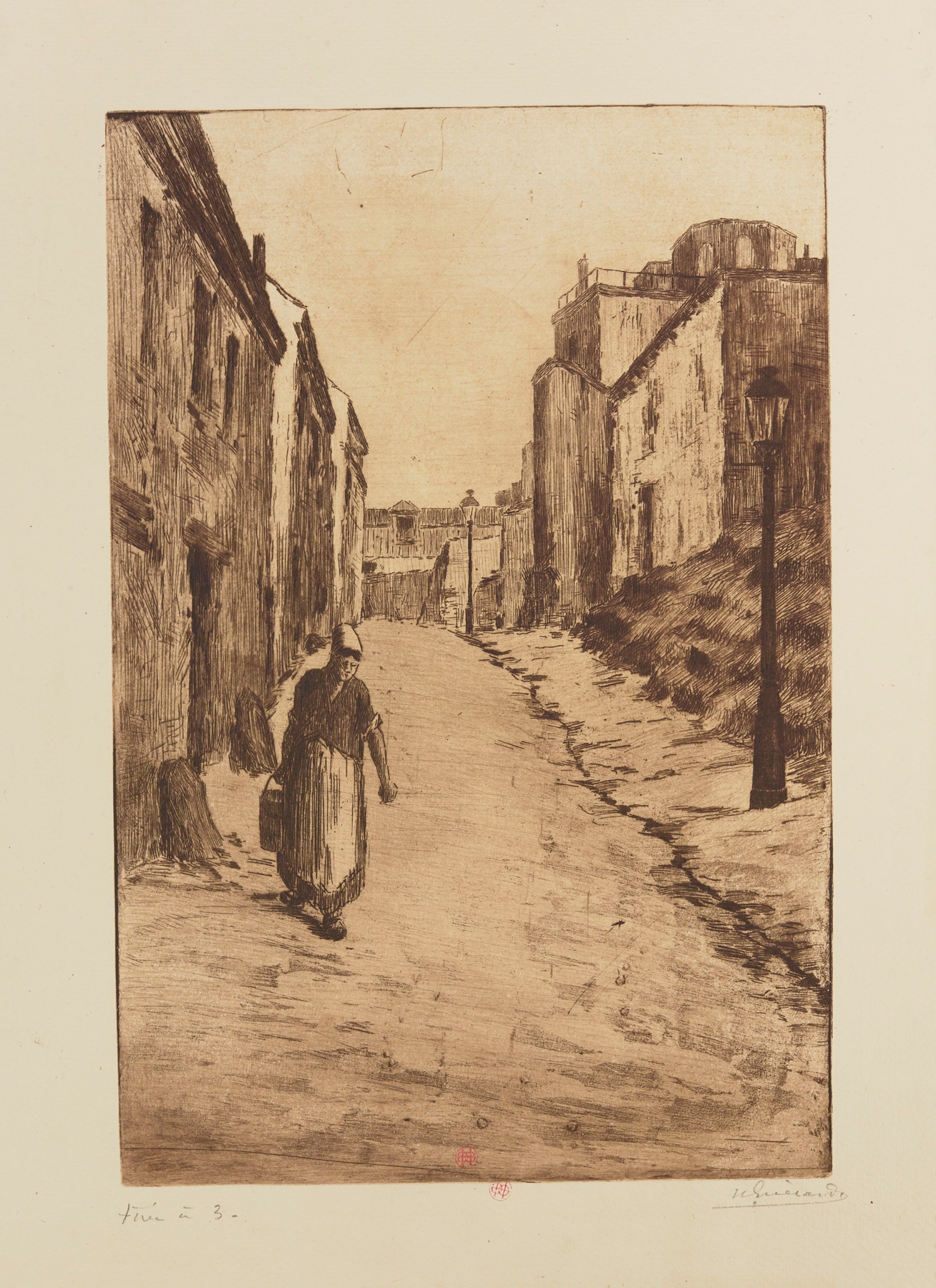 Landscape of Montmartre with cobblestone street by Henri-Charles Guérard, Impressionism