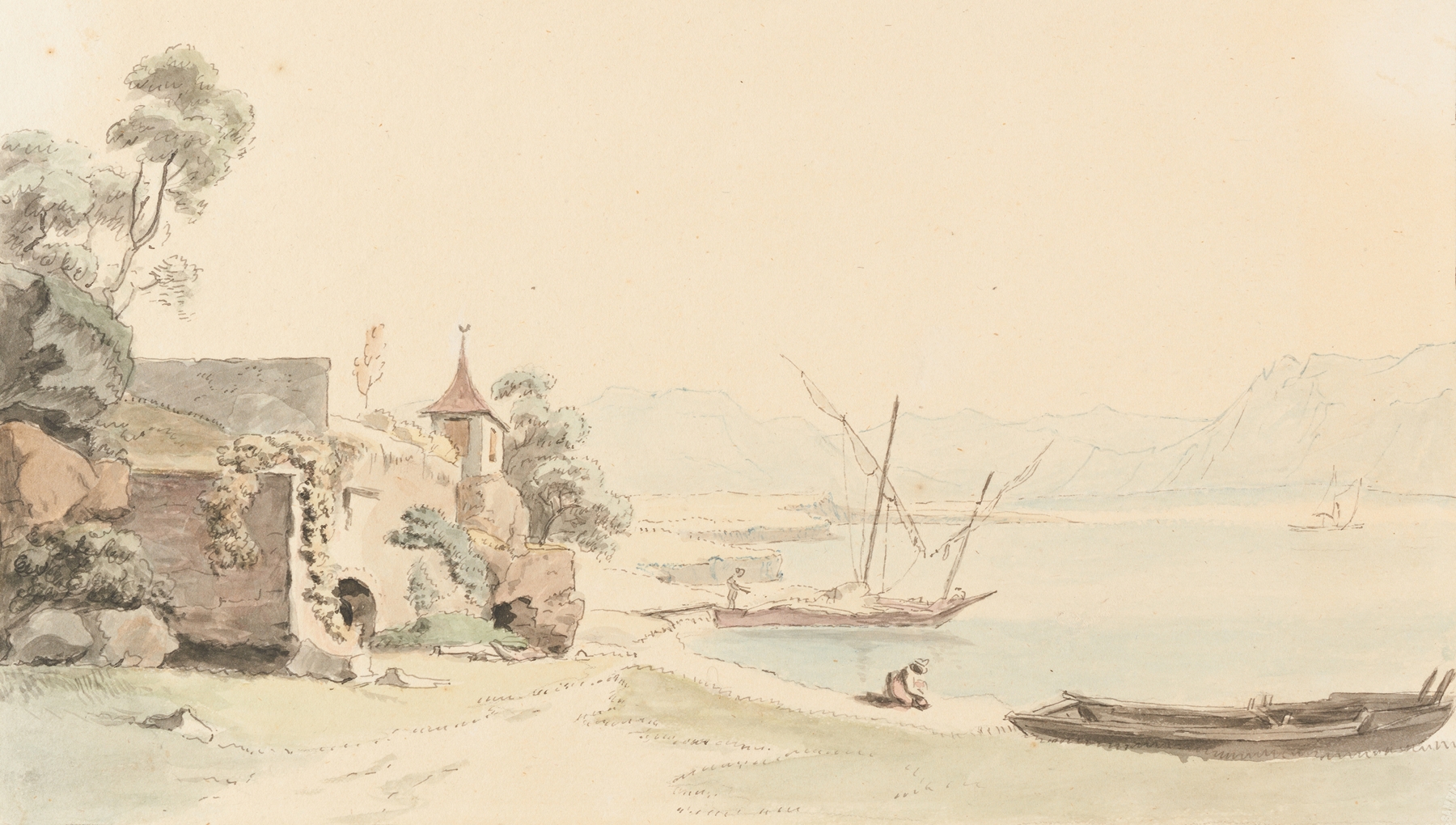 Engraving by Johann Ludwig Aberli depicting a tower among hills and a vast sky.