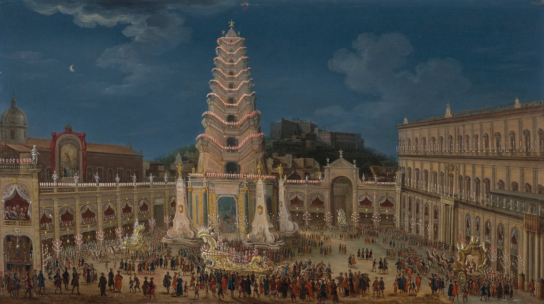 Historical scene depicting night-time celebrations for the baptism, oil painting by Tommaso Ruiz.