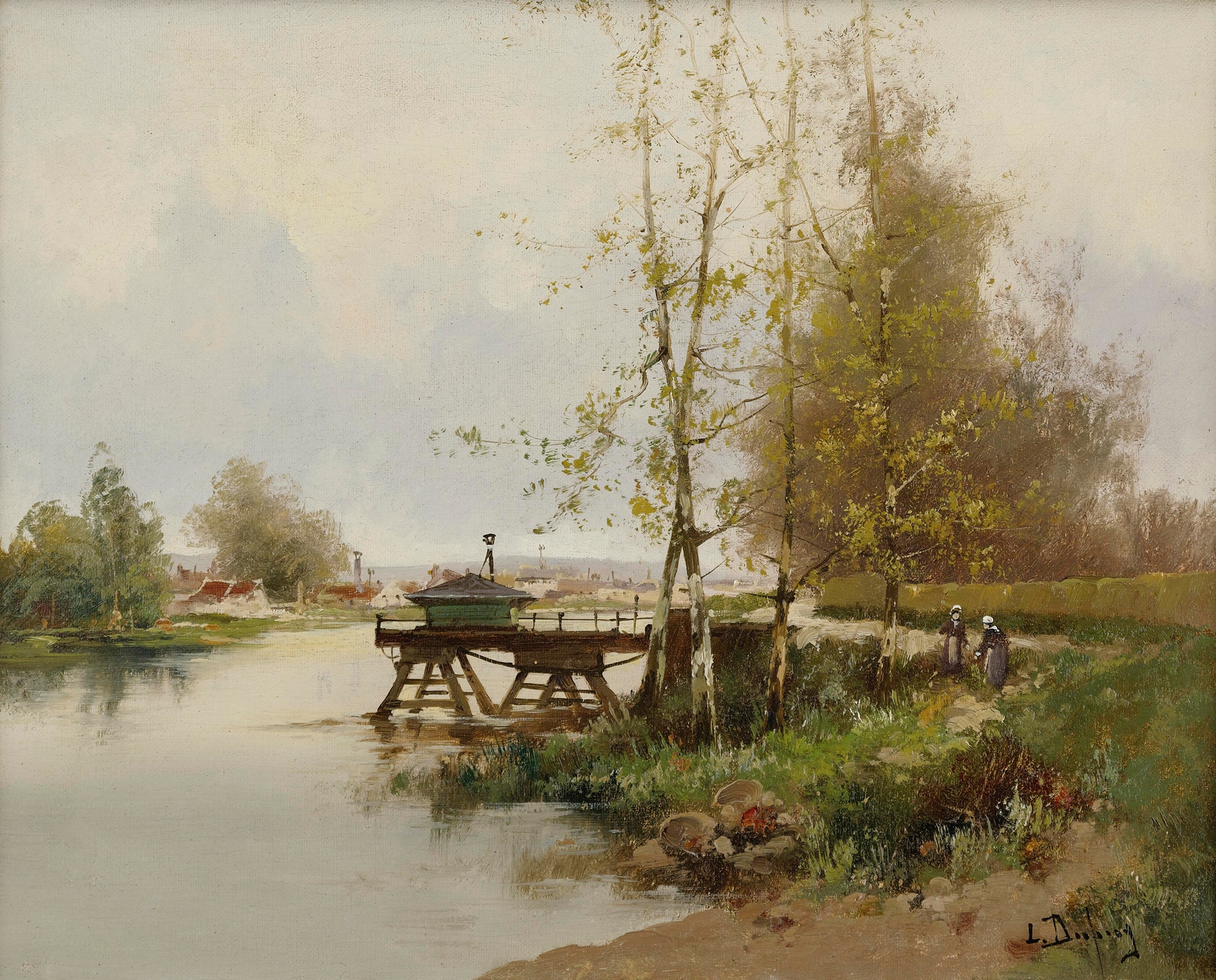 The Pond At The Edge Of The Village by Eugène Galien-Laloue, oil on canvas depicting a tranquil pond and village.