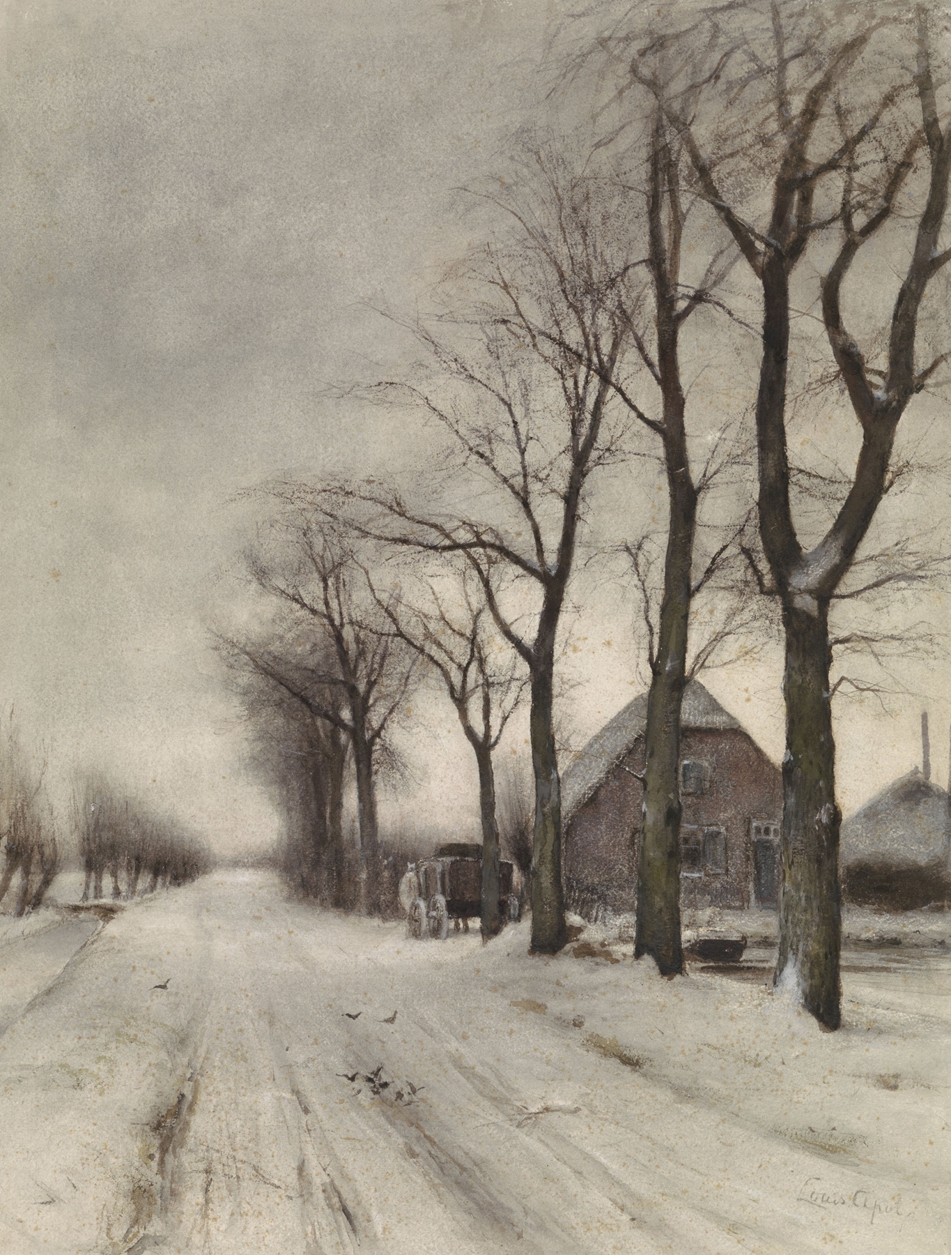 Winter landscape with a farmhouse and snow, oil on canvas by Louis Apol