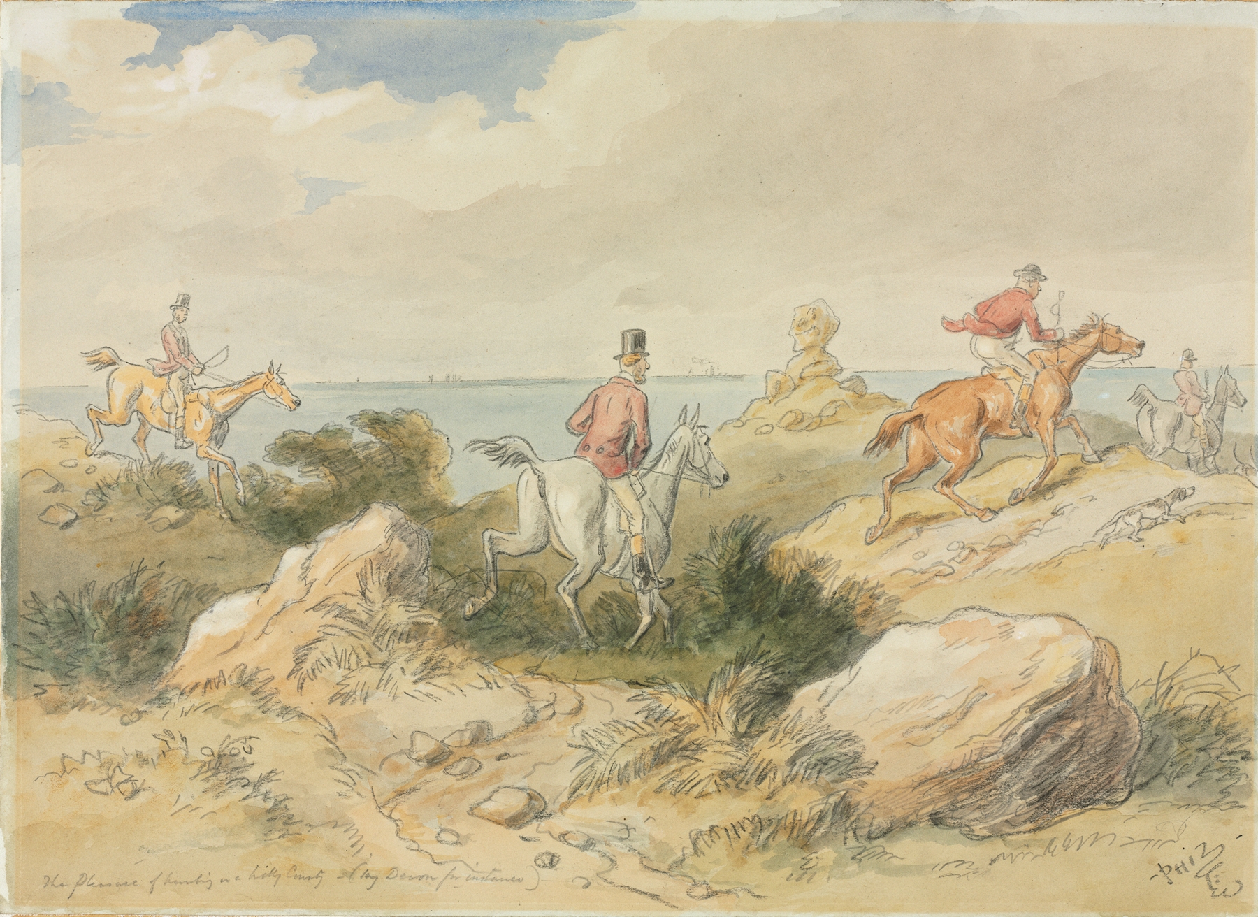 The Pleasures of Hunting by Hablot Knight Browne, Victorian genre scene depicting figures in a hunt.
