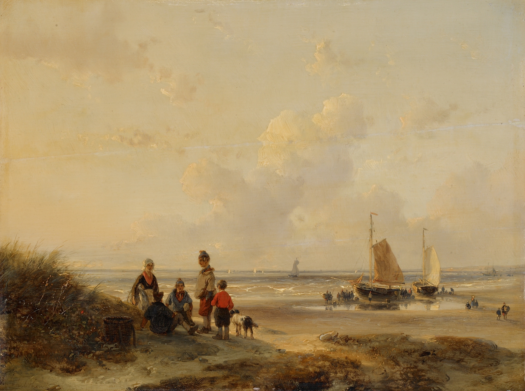 Rustende vissers op een strand bij helder weer, by Andreas Schelfhout, public domain