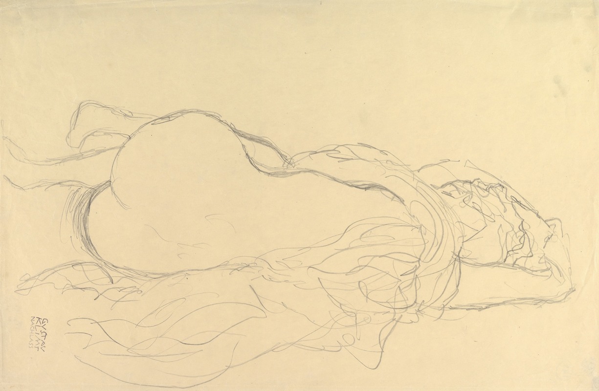 Gustav Klimt's 'Reclining Nude with Drapery, Back View' showcases a female figure draped in fabric.