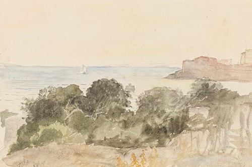 A serene landscape painting by Marie Egner showcasing lush greenery and a tranquil sky.