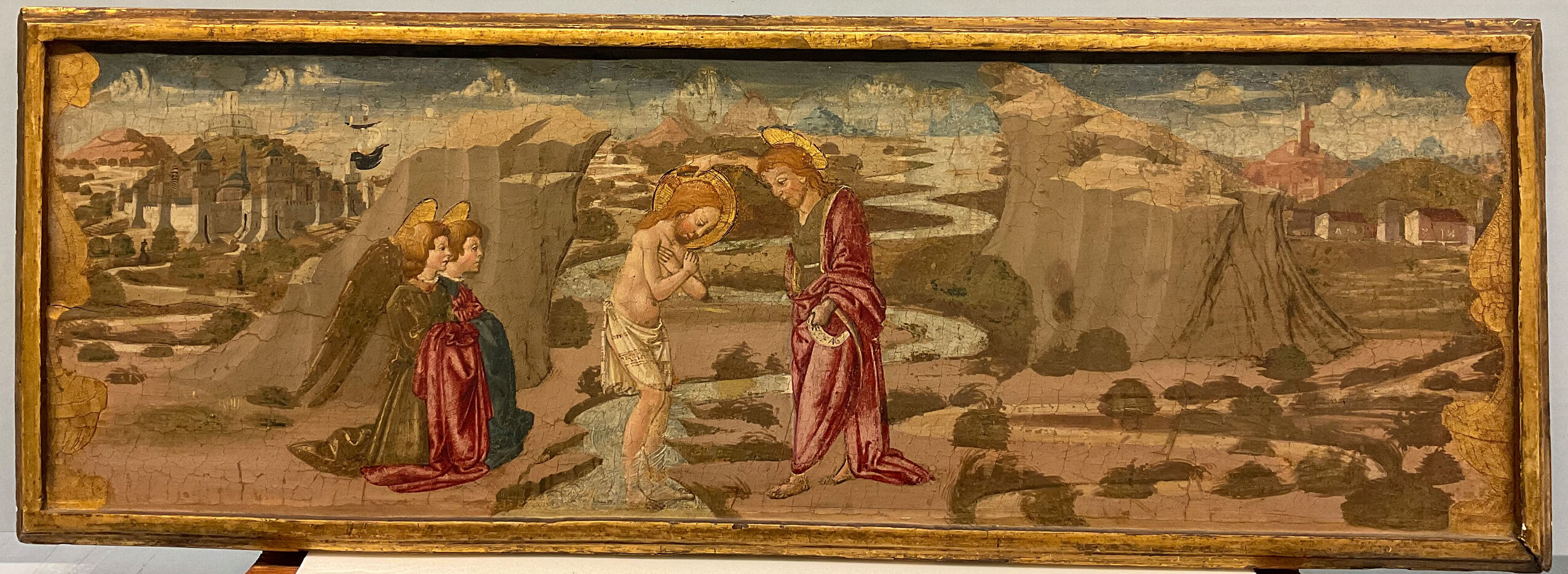 Renaissance wood artwork by Neri di Bicci depicting Christ's baptism in water.