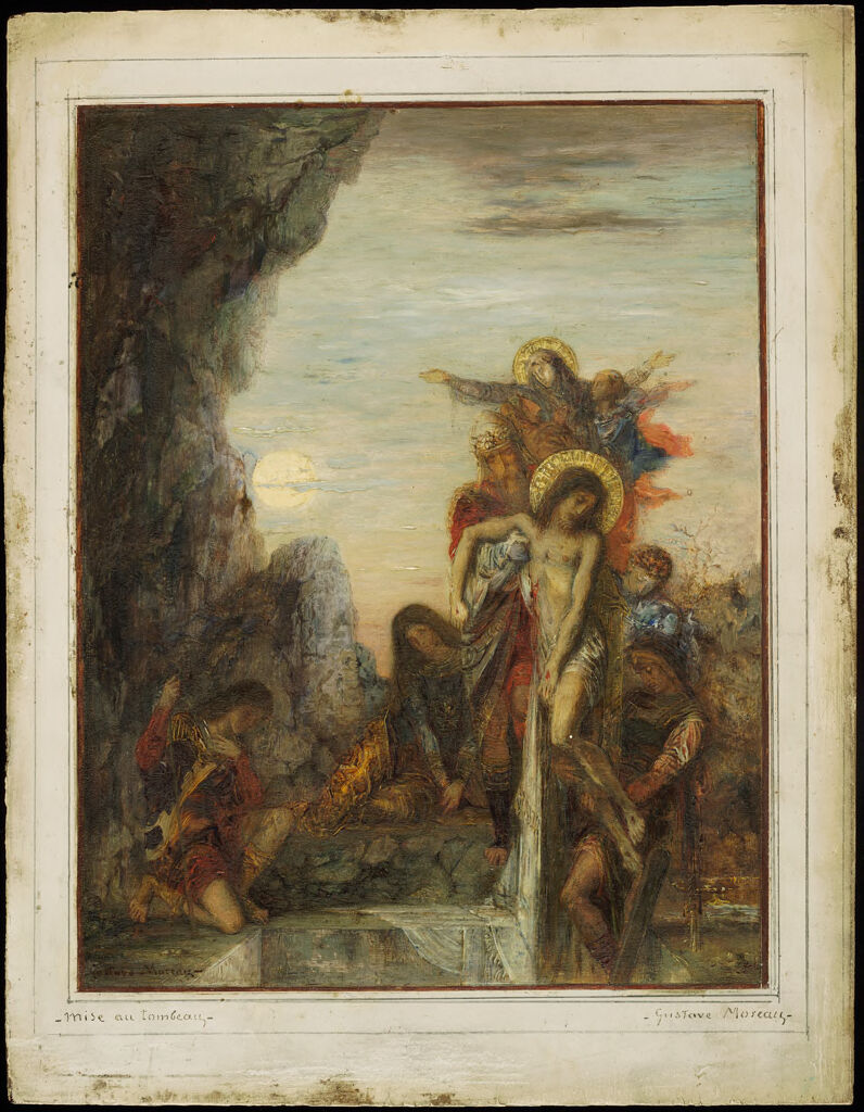 The Entombment by Gustave Moreau, oil on panel, depicting figures illuminated by light in a moment of despair.