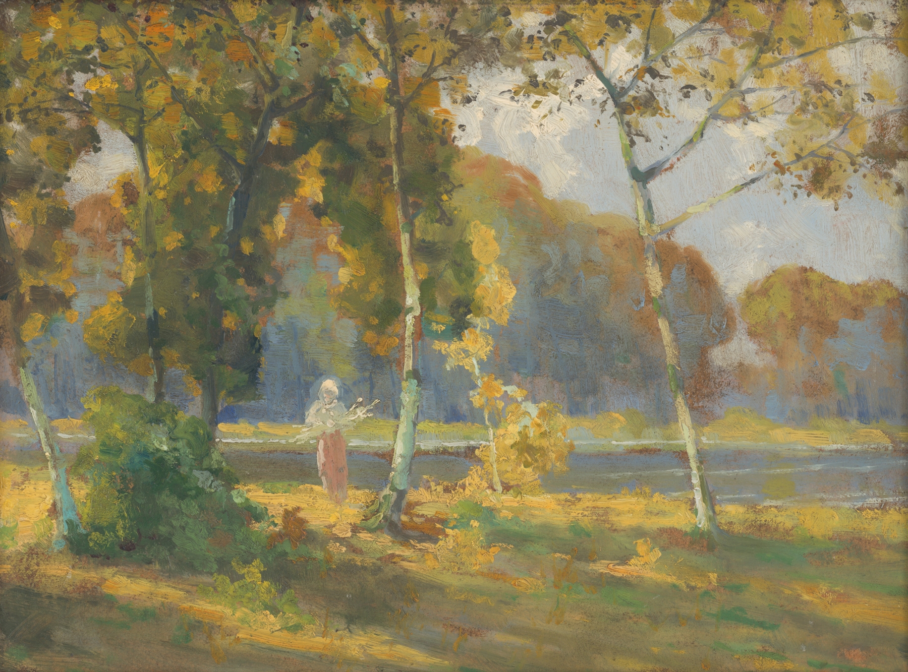 Summer landscape with birches by Ľudovít Čordák, oil painting featuring birch trees and greenery.