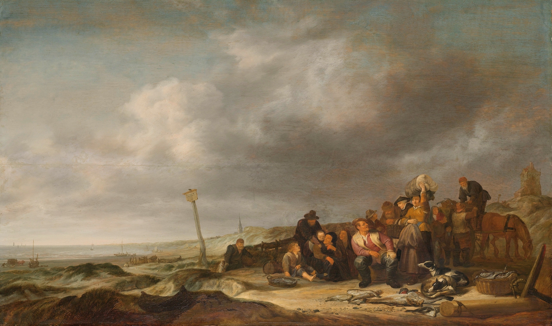 Beach with Fishermen, by Simon de Vlieger, public domain