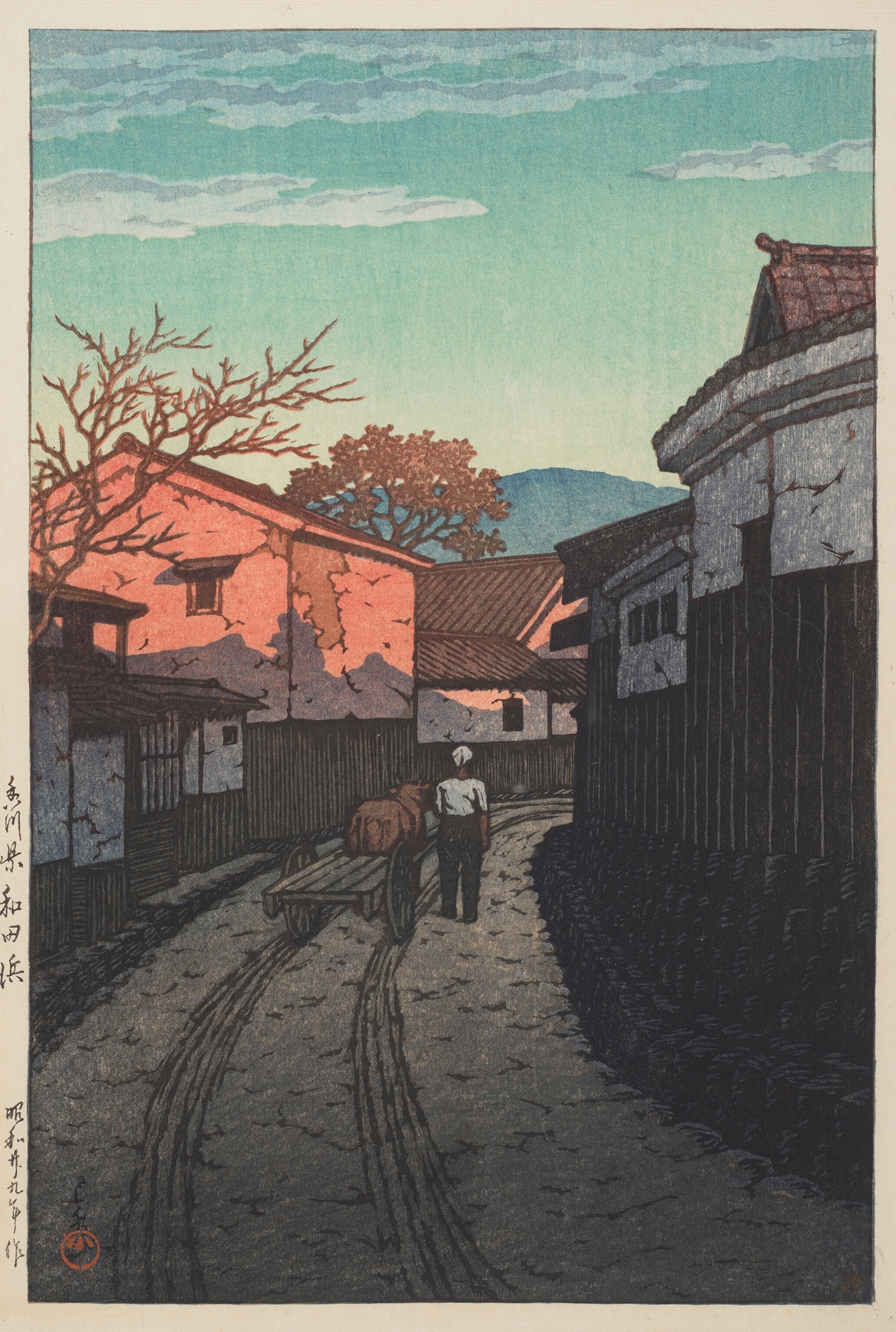 Kagawa-ken Wadahama by Kawase Hasui, Ukiyo-e, depicting fog over gentle waves and a tranquil sea.