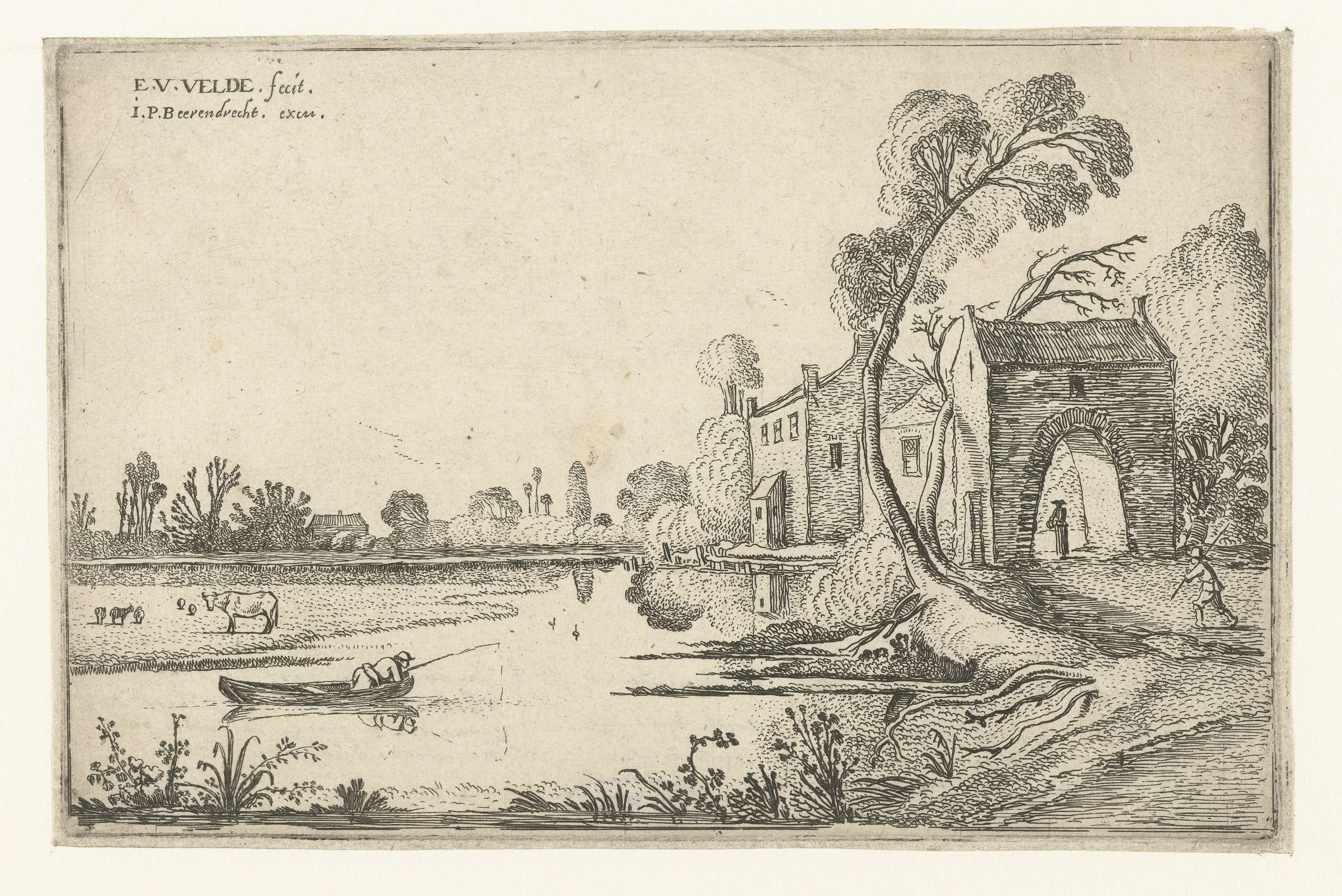 Landschap met rivier en poortgebouw, by Esaias van de Velde, public domain