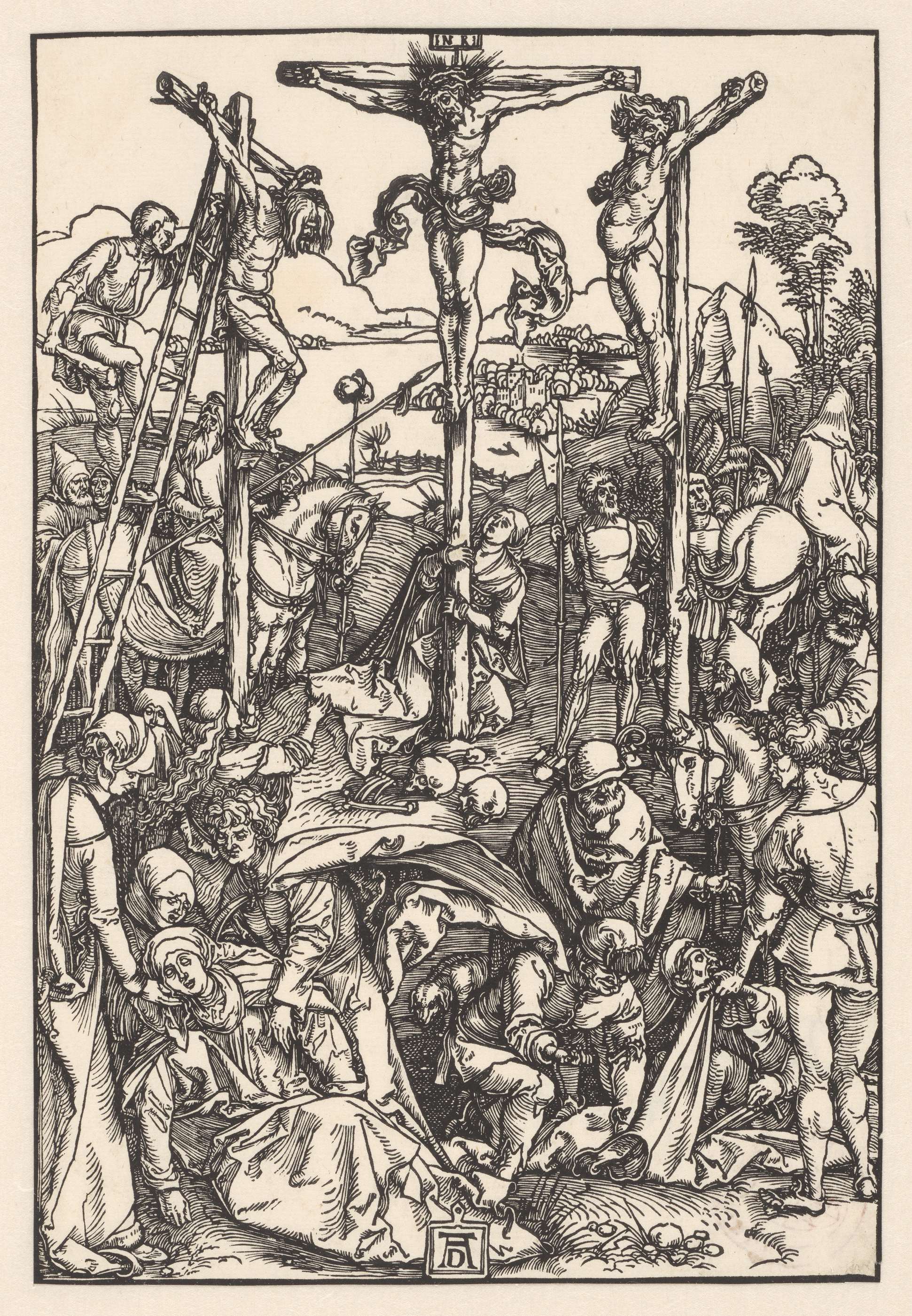 Kruisiging by Albrecht Dürer, paper medium, depicting the crucified Christ in agony.