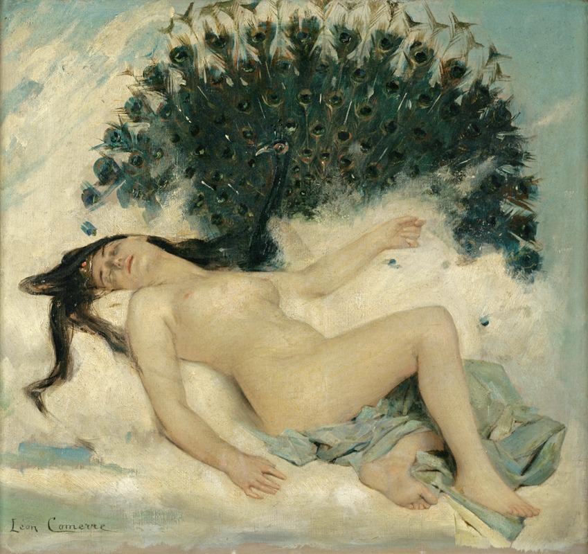 A serene portrait of a sleeping woman accompanied by a peacock.