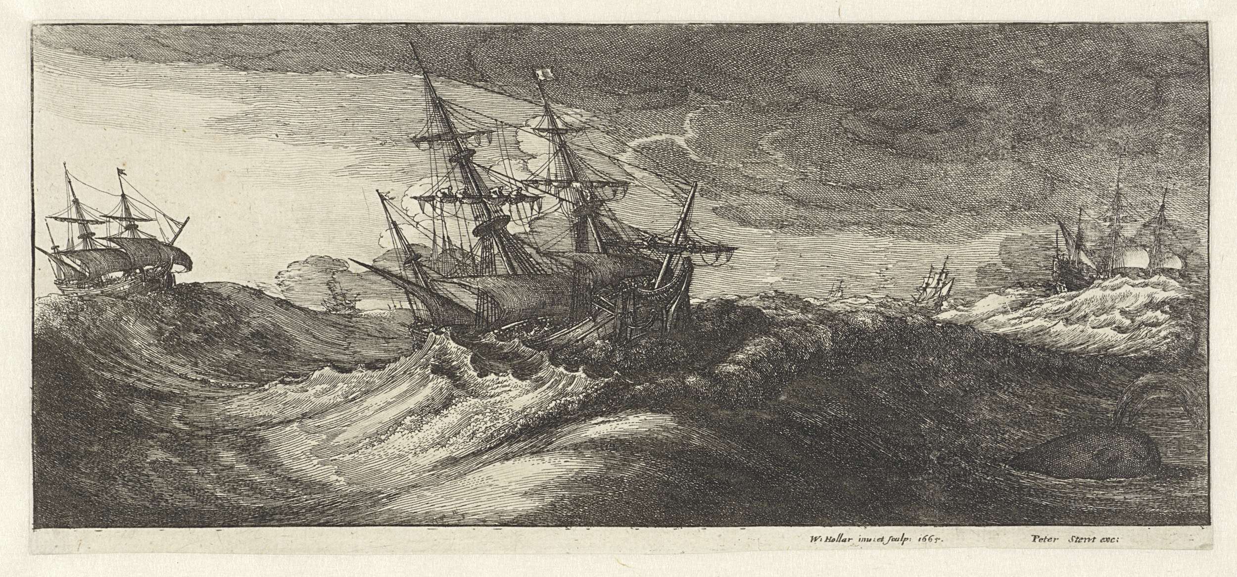 Oorlogsschepen en een walvis in een zeestorm, by Wenceslaus Hollar, public domain