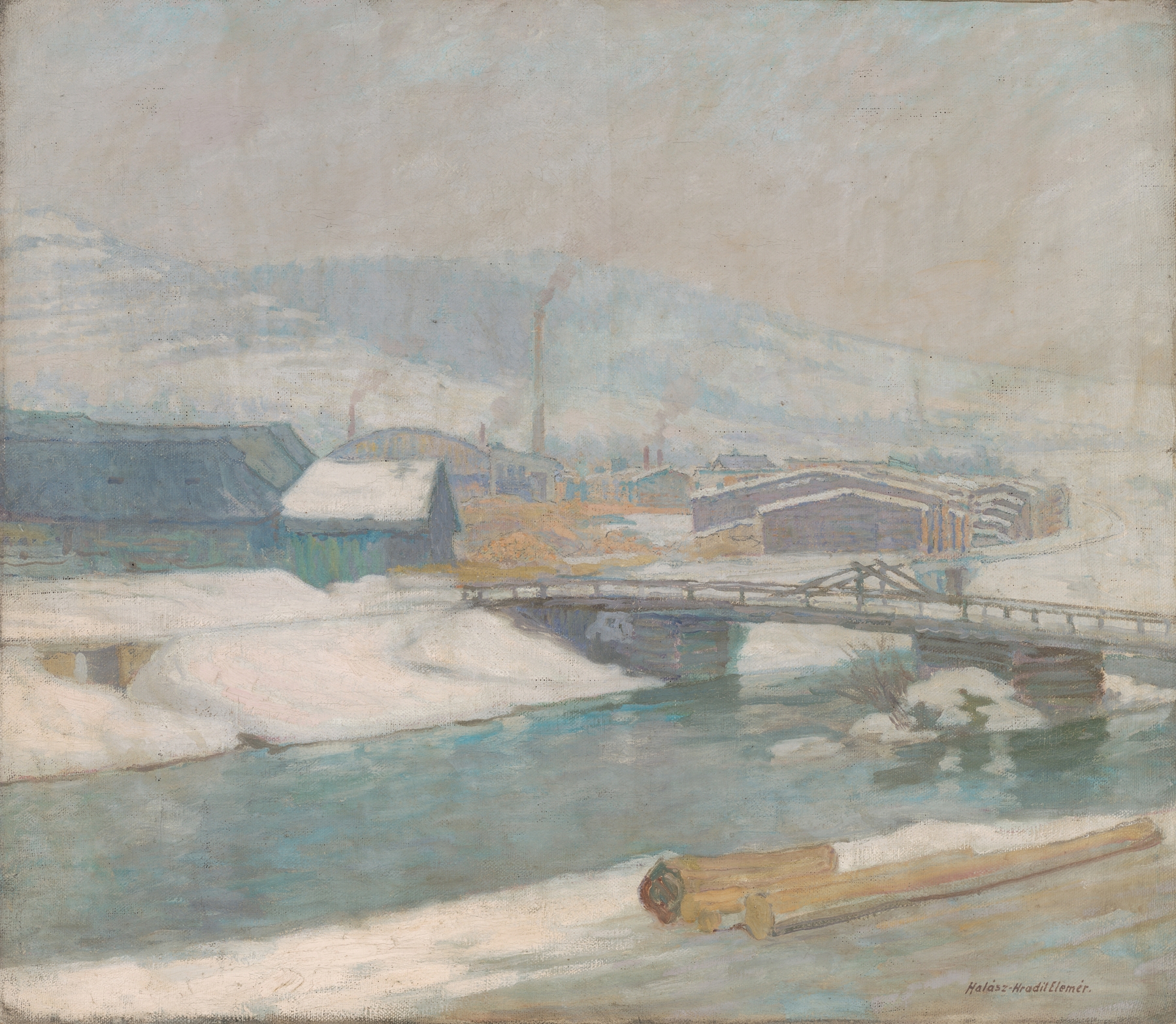 Margecany Mill by Elemír Halász-Hradil, oil on canvas depicting tranquil water and reflections