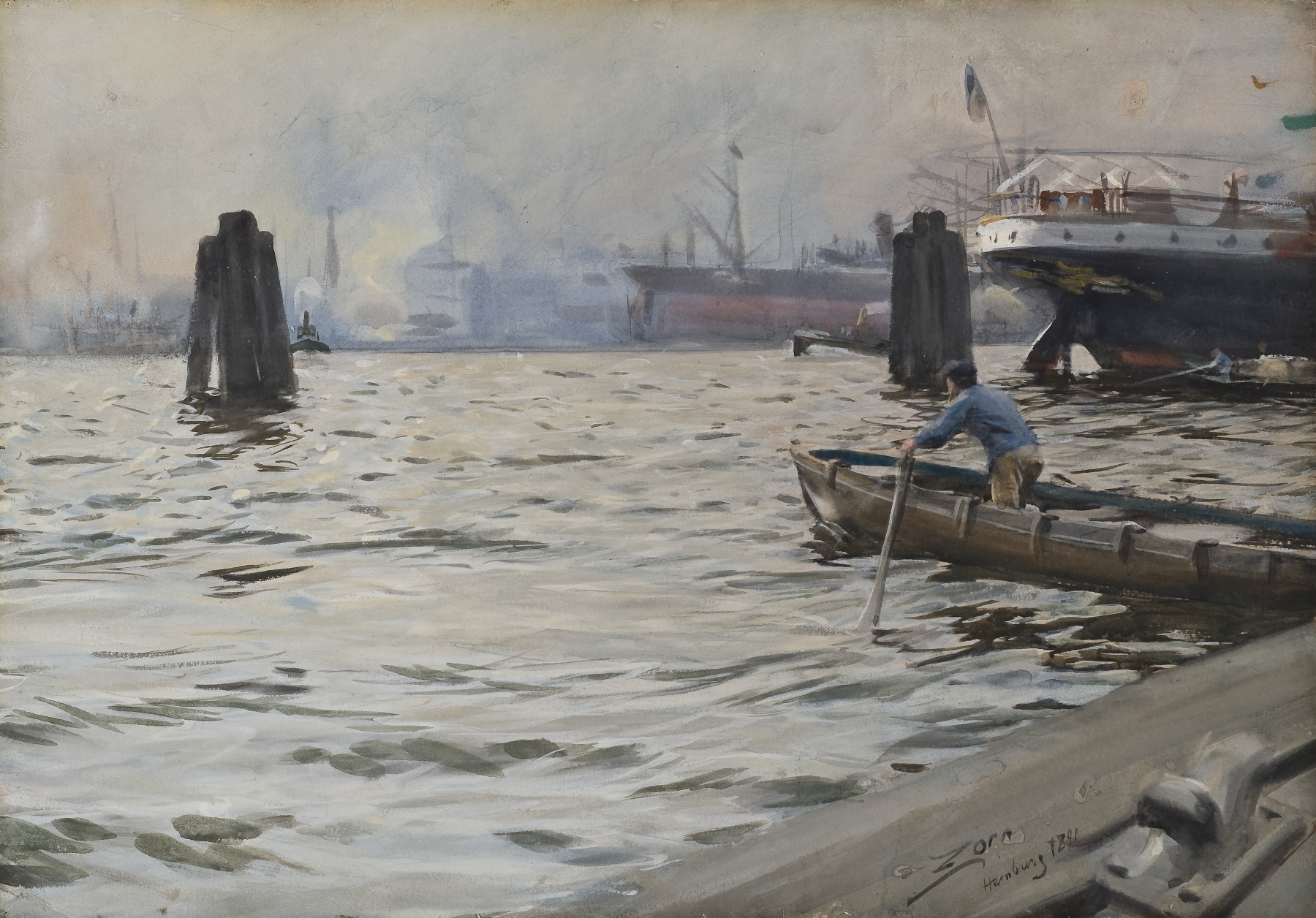The Port of Hamburg, oil painting by Anders Zorn, depicting a tranquil harbor with gentle waves.