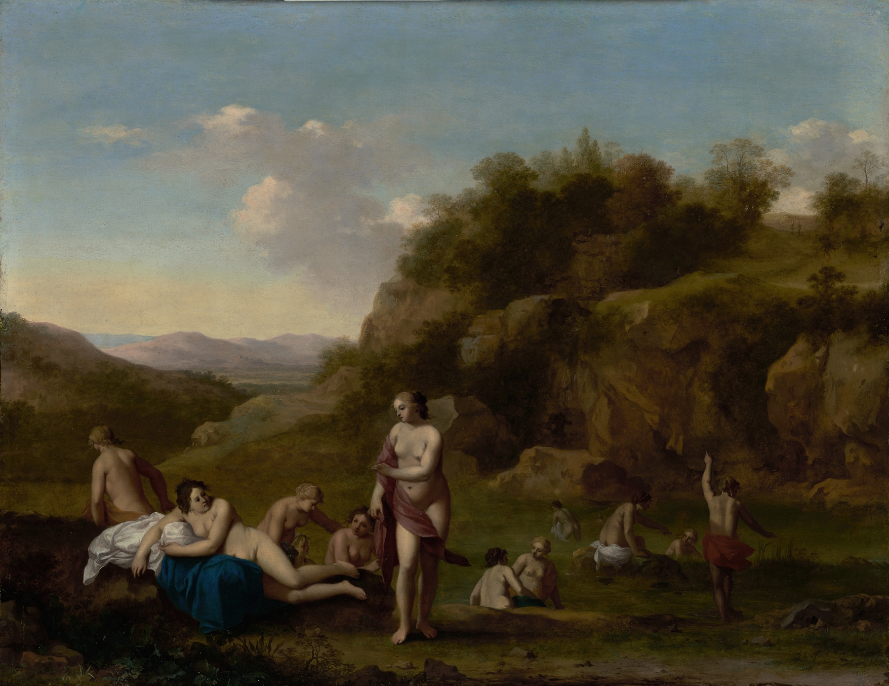 Landscape with Bathing Nudes, oil on canvas by Cornelis van Poelenburch, featuring nudes by a tranquil pool.
