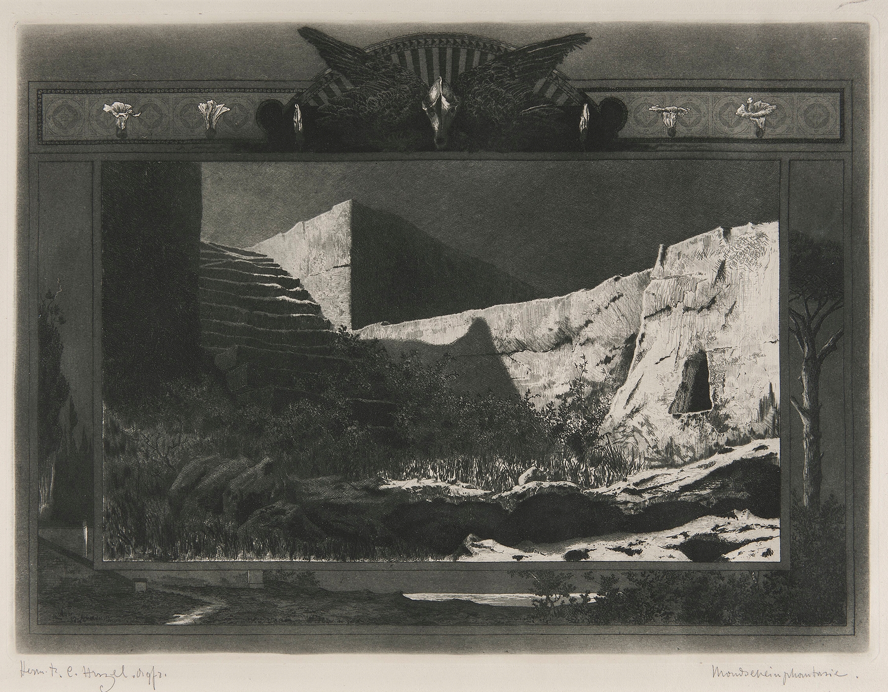 Moonlight landscape by Hermann Hirzel, 1895, depicting silvery hues and deep blues.