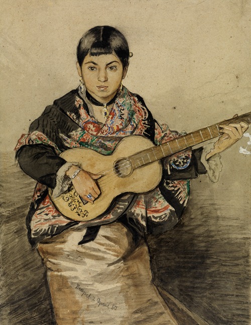 A Neapolitan woman holding a guitar, showcasing traditional attire and a serene expression.