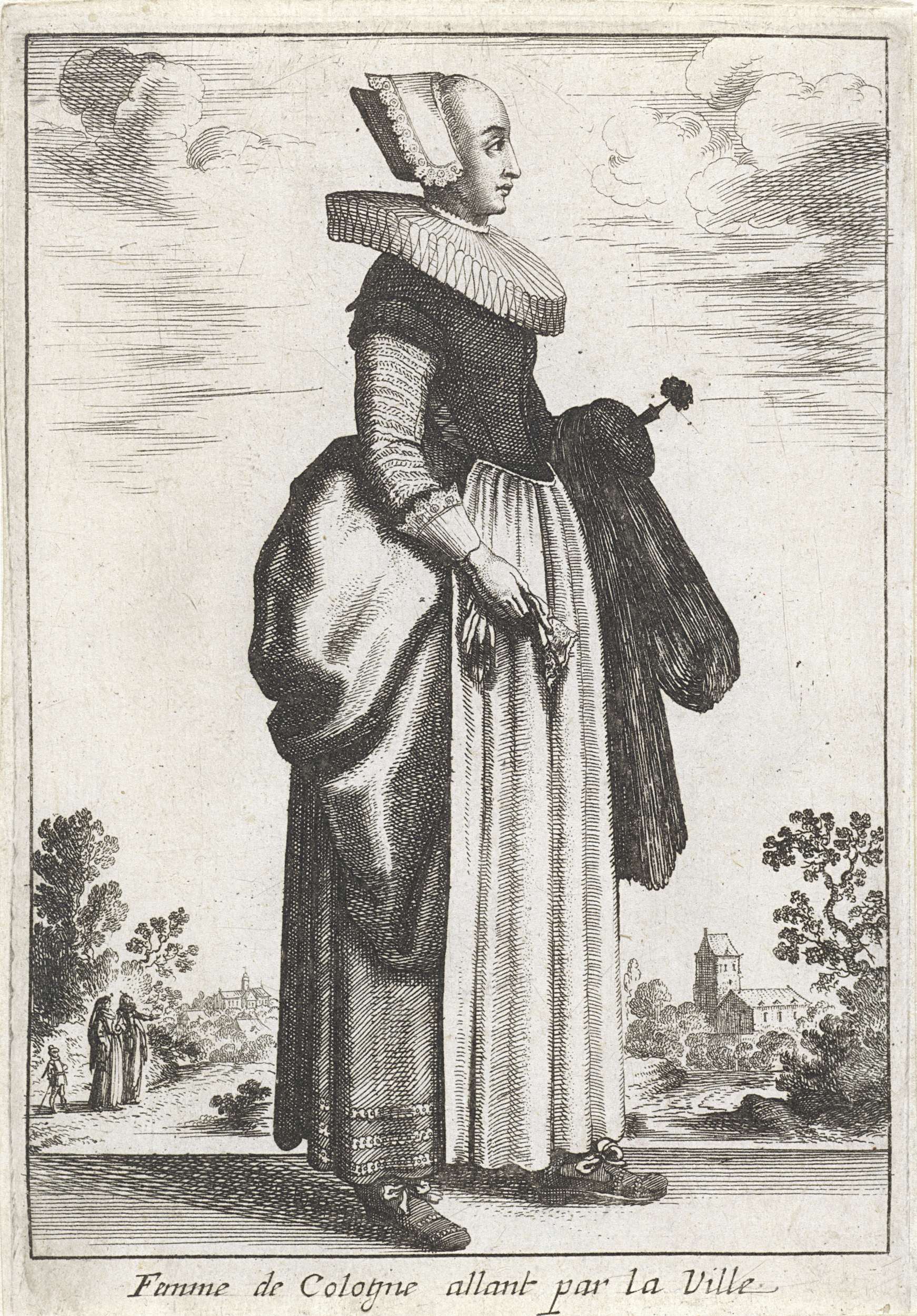 Femme de Cologne allant par la Ville, etching by Unknown Artist, depicting a woman in vibrant garments.