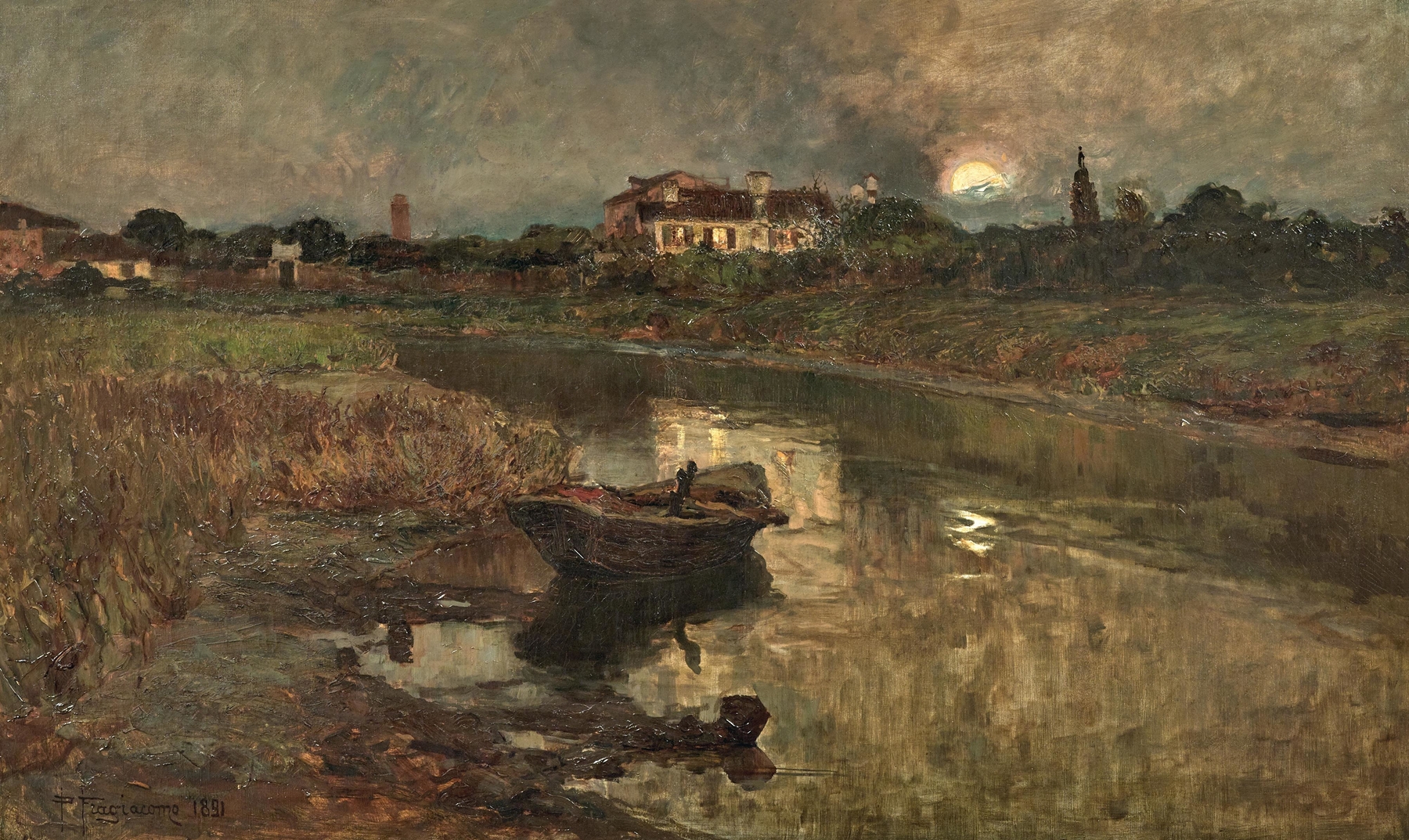 Impressionist landscape by Pietro Fragiacomo, featuring twilight and golden light.