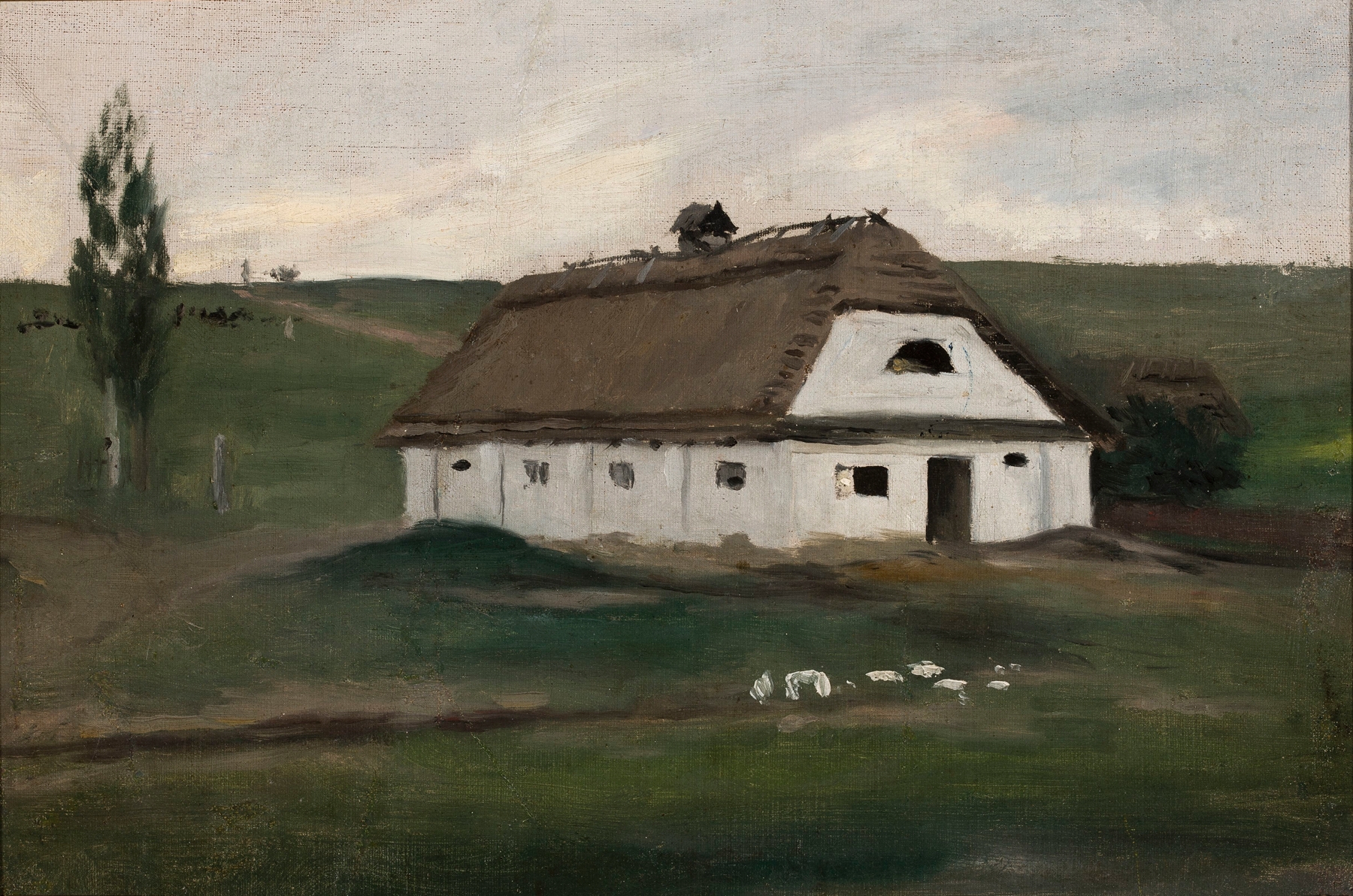 Barn by Adam Chmielowski, realism, depicting a weathered barn against a dusky sky