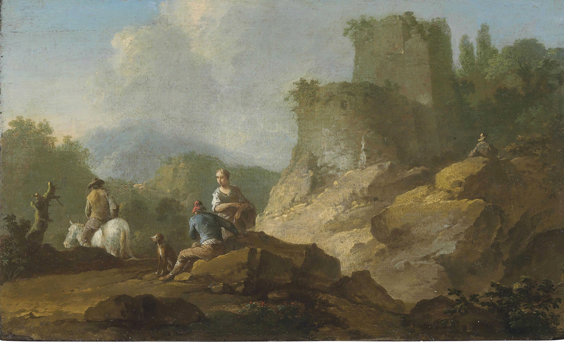 Landscape with travelers and ruins, oil on canvas by Franz de Paula Ferg