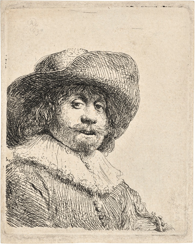 A portrait of a man wearing a broad-brimmed hat by Rembrandt.