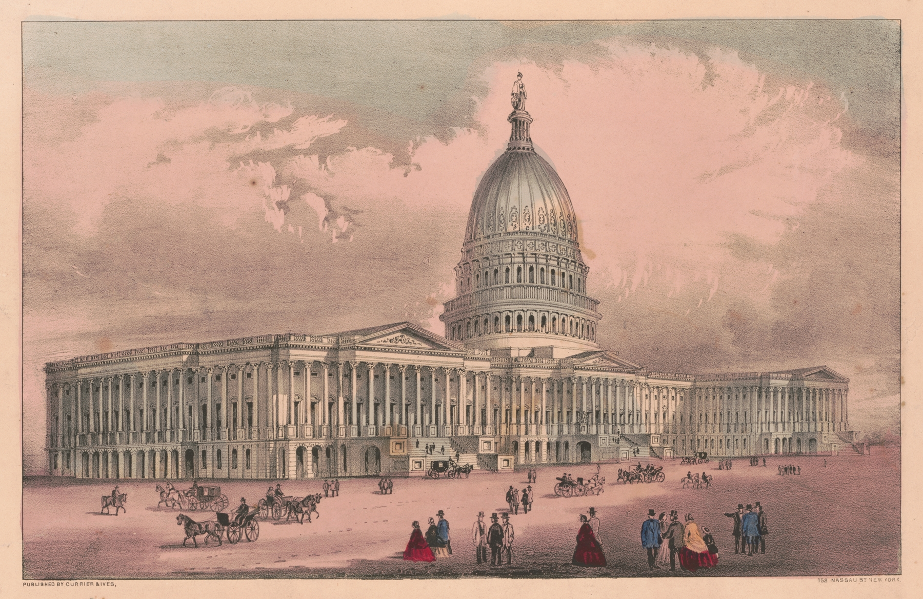 Lithograph by Currier & Ives depicting the United States Capitol with sunlight and trees.