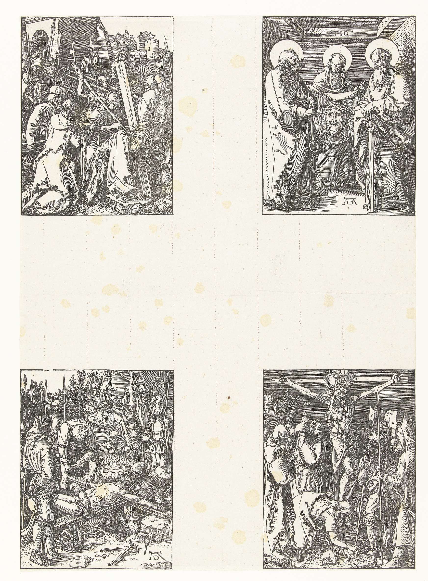Kruisdraging, Veronica met de zweetdoek, Kruisoprichting, Kruisiging, by Albrecht Dürer, public domain