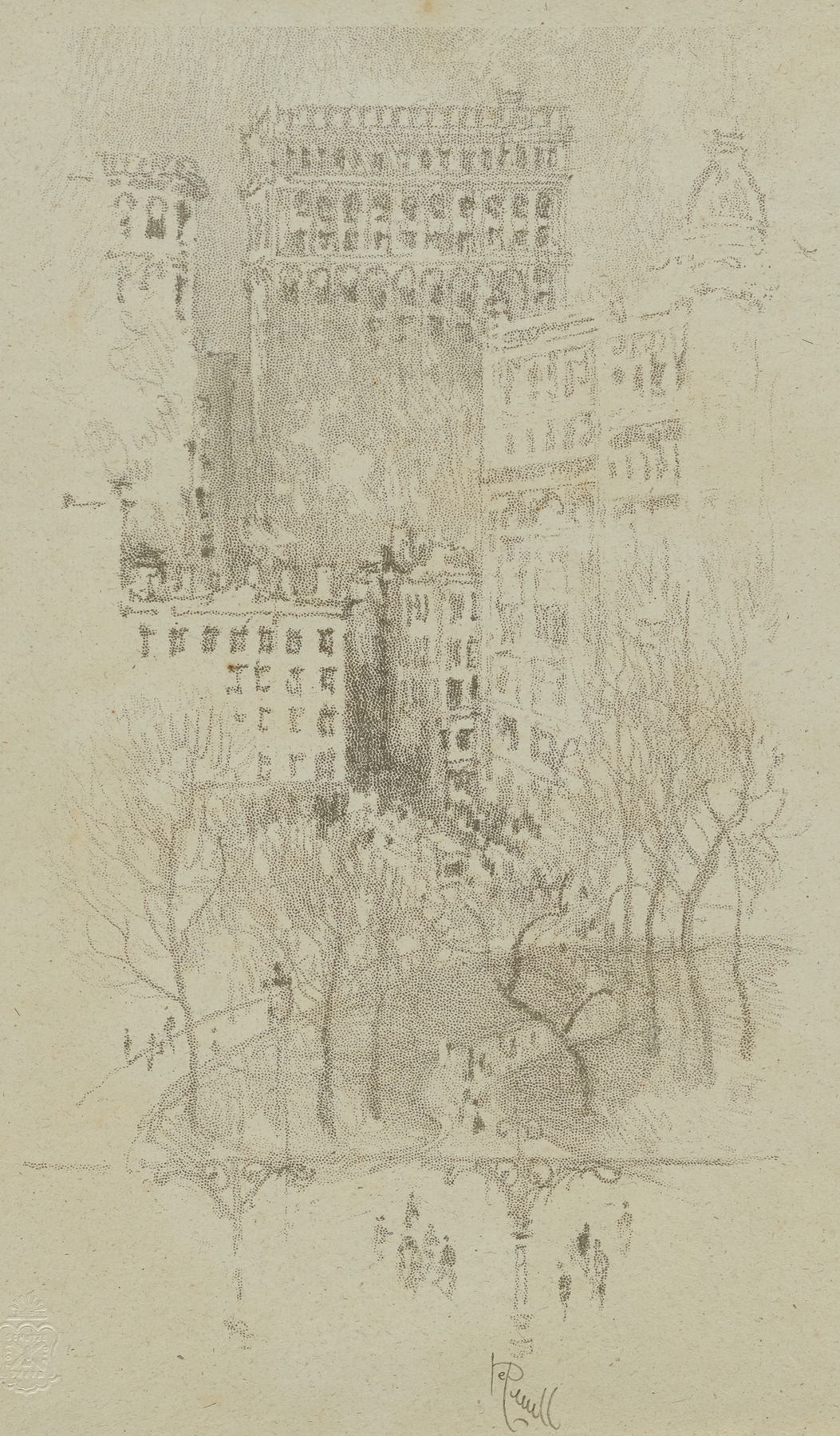Union Square by Joseph Pennell, ink on paper depicting a bustling crowd in an urban setting.