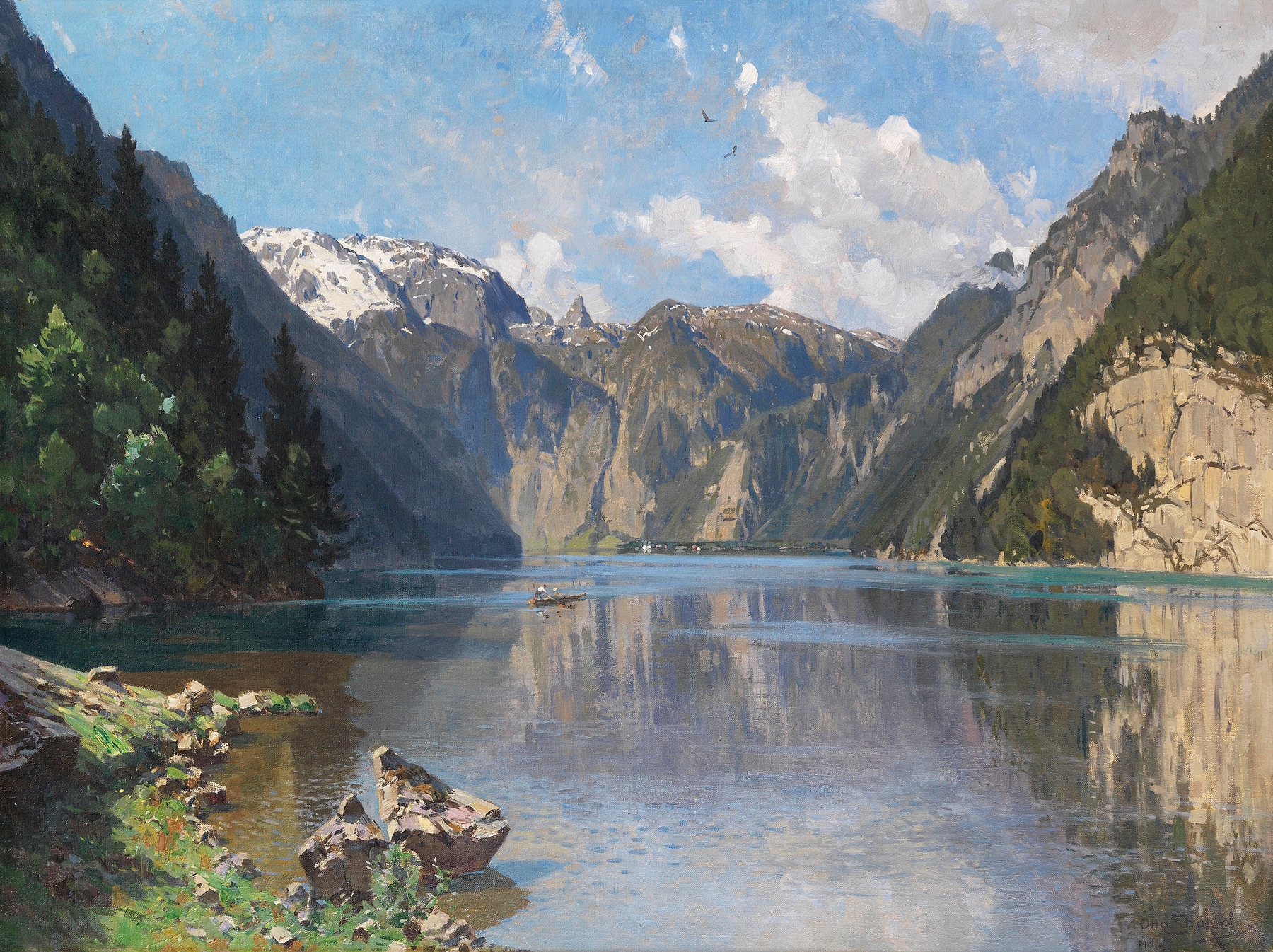 Der Königssee oil painting by Otto Strützel depicting a tranquil lake surrounded by mountains.