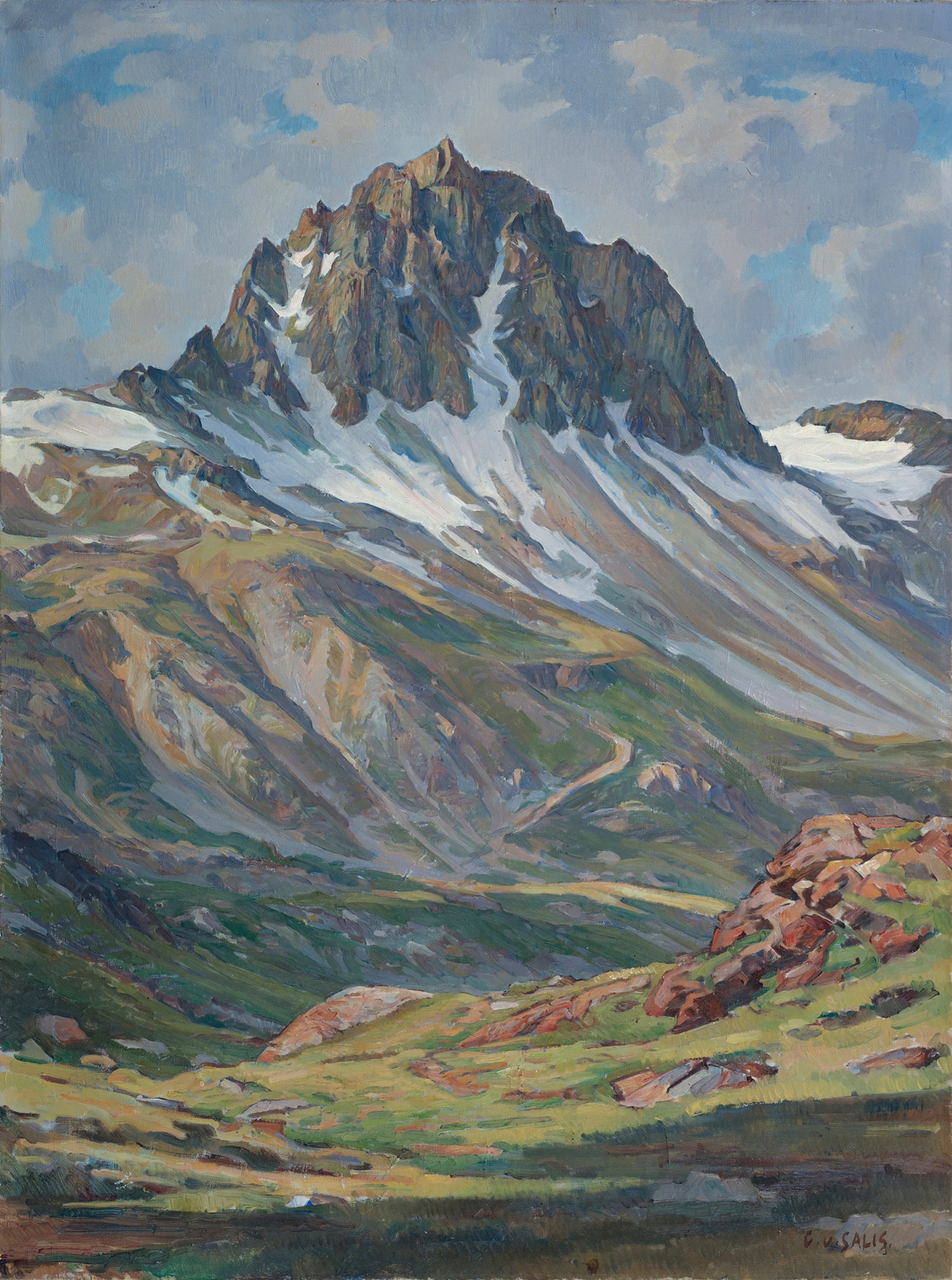 Mount Lagrev by Carl Albert von Salis, oil on canvas, depicting a serene landscape with mountains and rich earth tones.
