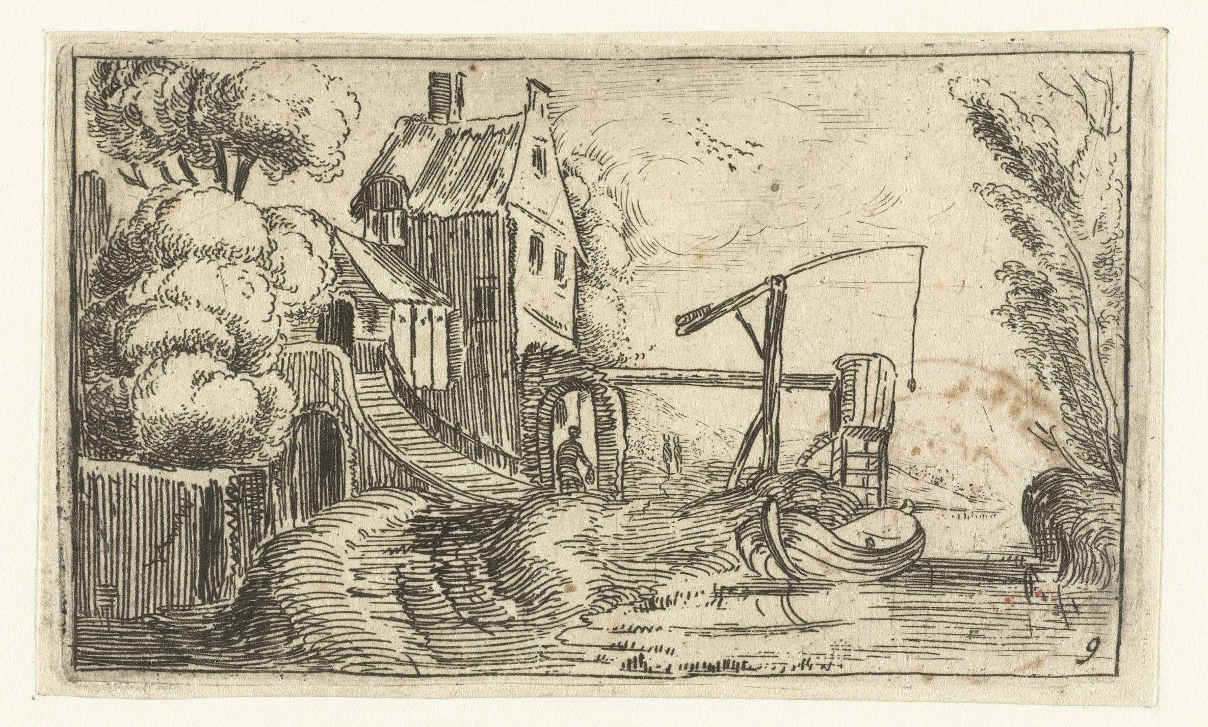 Etching by Esaias van de Velde depicting a factory by a calm canal