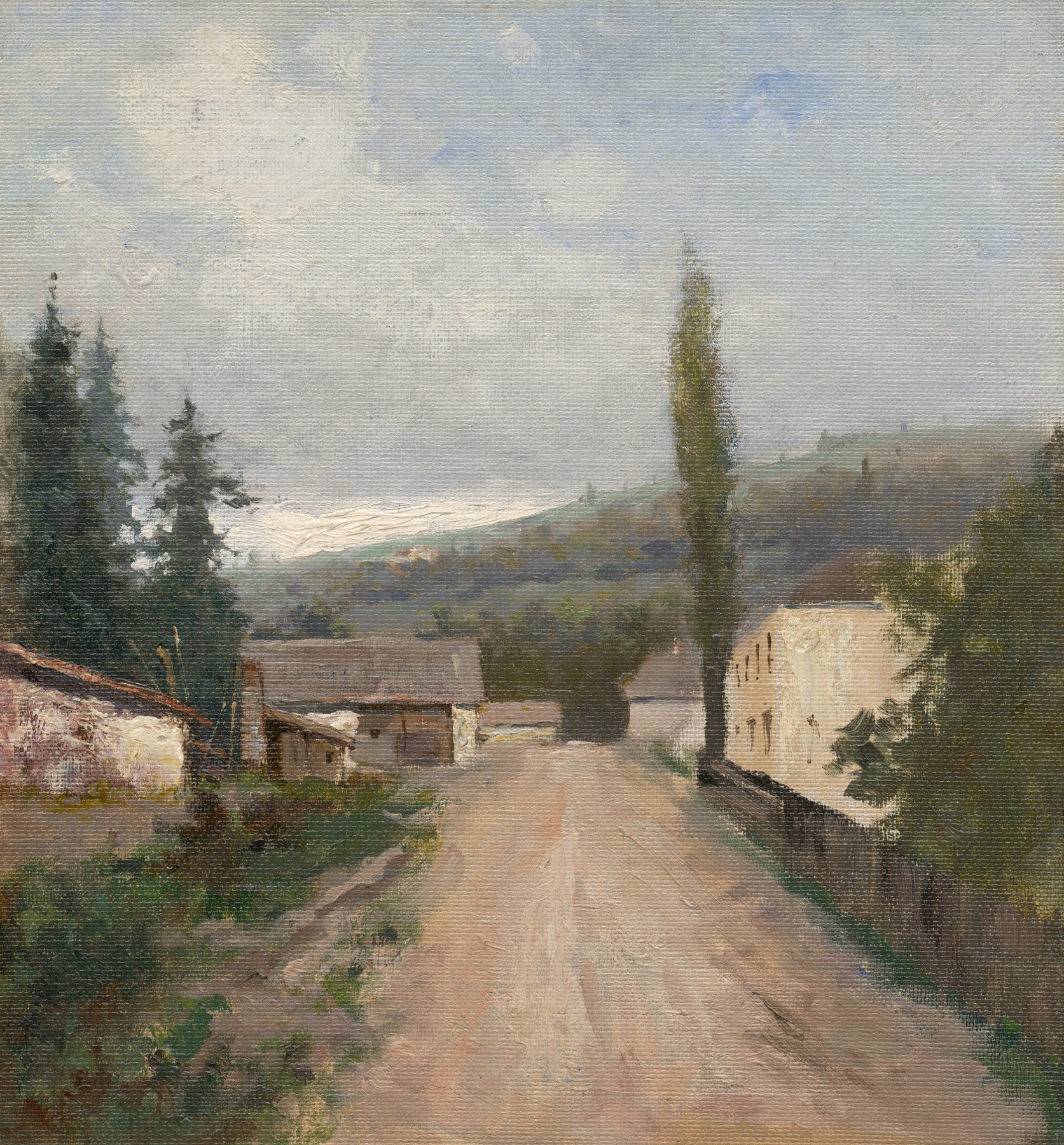 Landscape oil painting by Felicián Moczik featuring vibrant earth tones and azure sky.