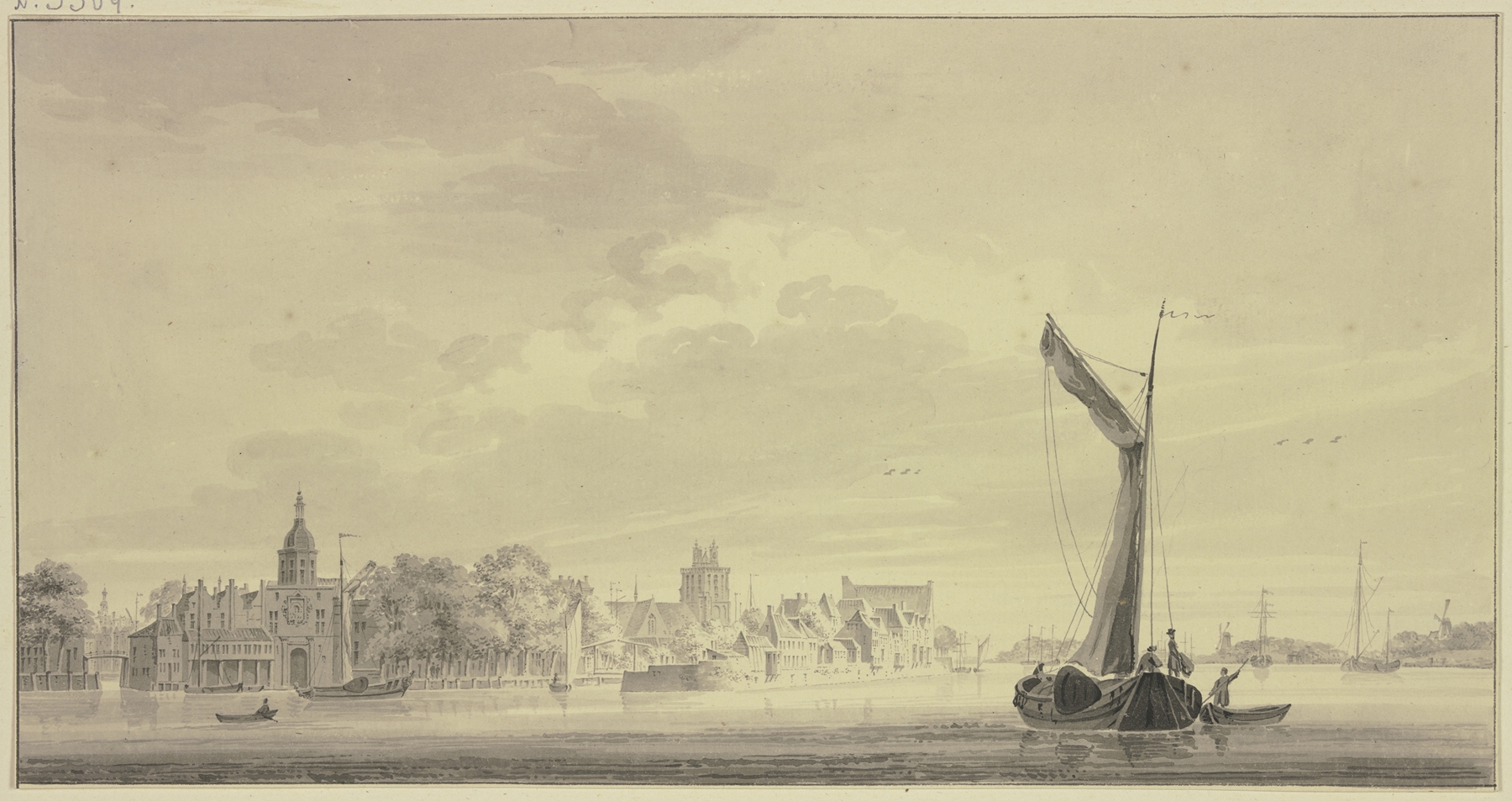Dordrecht te rien van Papendrecht by Paulus van Liender, oil on canvas depicting a river with boats at sunset.
