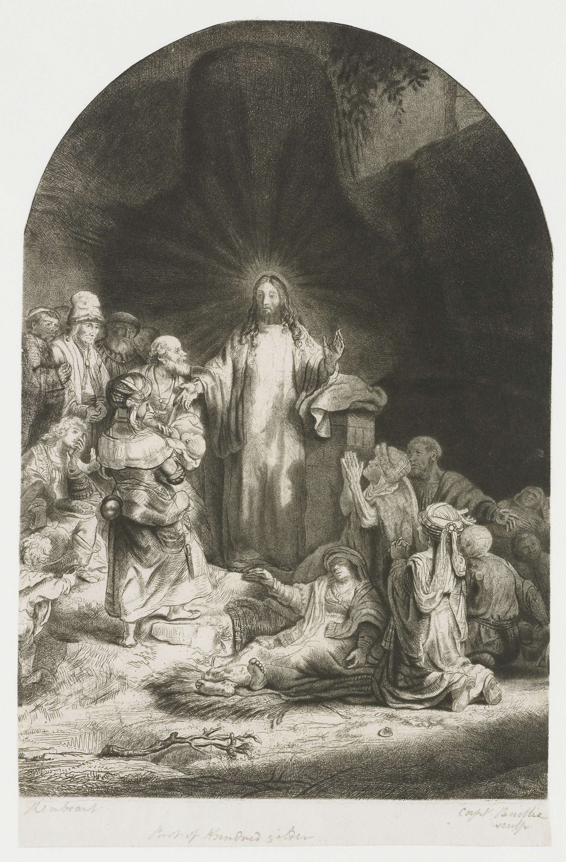 The Hundred Guilder Print: the central piece with Christ preaching, the plate arched, by Rembrandt van Rijn, public domain