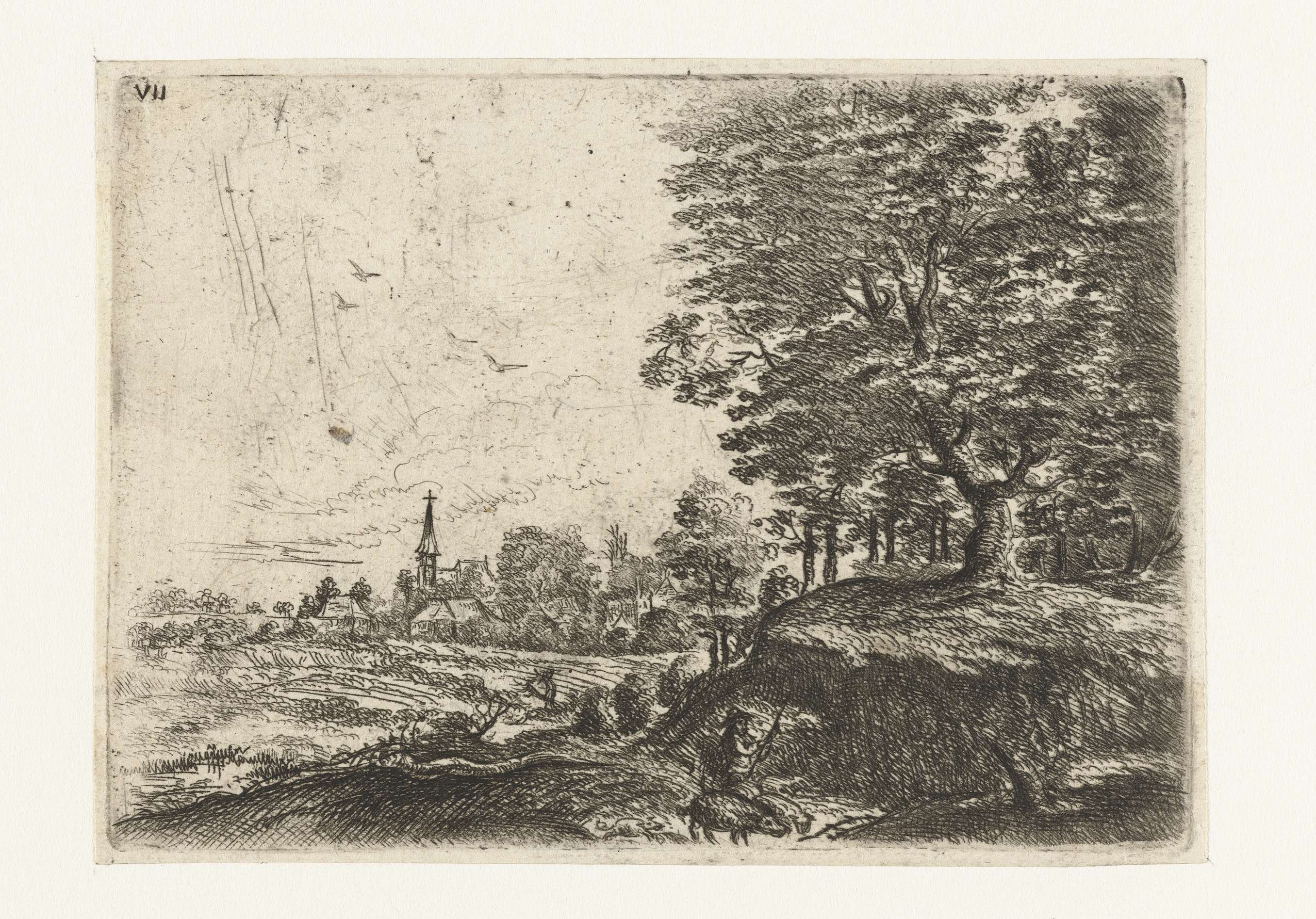 Landschap met een man met varkens, etching by Philips Augustijn Immenraet