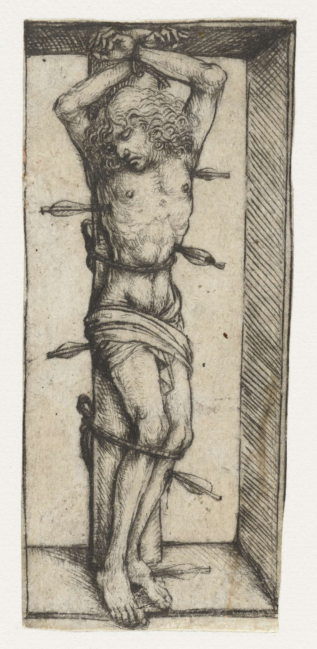 Heilige Sebastiaan in een nis, drypoint by Meester van het Amsterdamse Kabinet, depicting a saint in a niche with soft light.