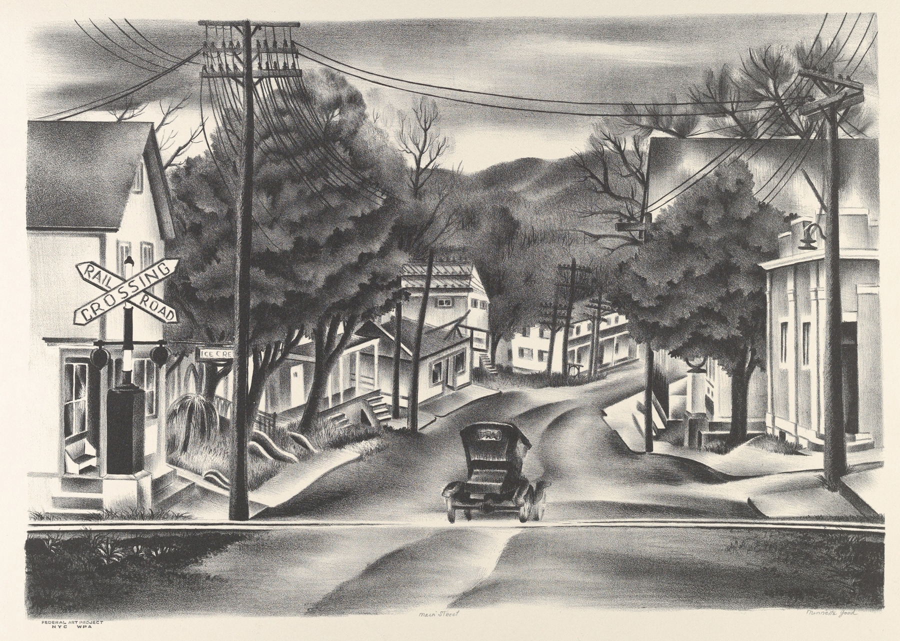 Expressionism landscape by Minetta Good, featuring vibrant colors and distorted village forms.