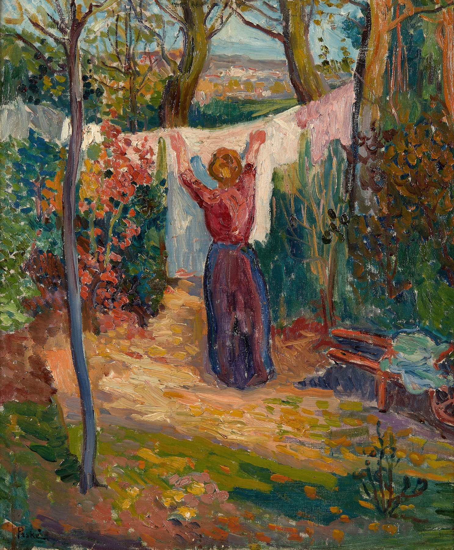 Au jardin, la lessive by Jean Misceslas Peske, oil on canvas depicting figures in a garden with laundry.