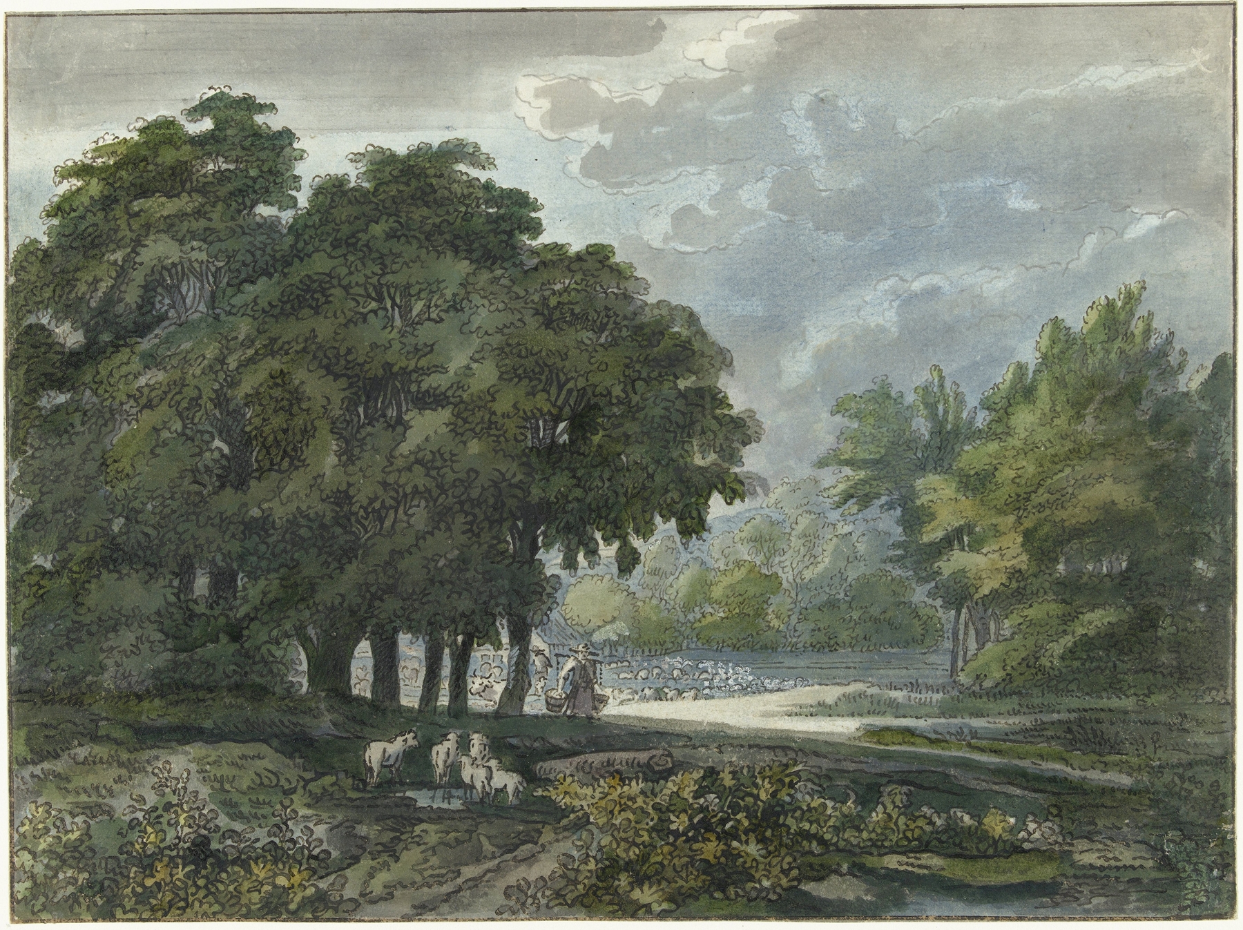 Landscape with herders and flock in a forest, oil painting by Jacob van Liender