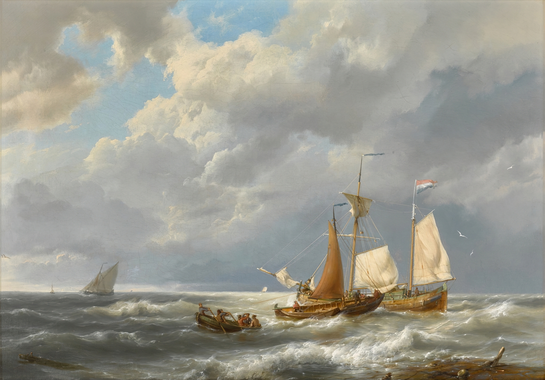 Dutch Golden Age marine scene with a barge and small vessels by Hermanus Koekkoek, oil painting