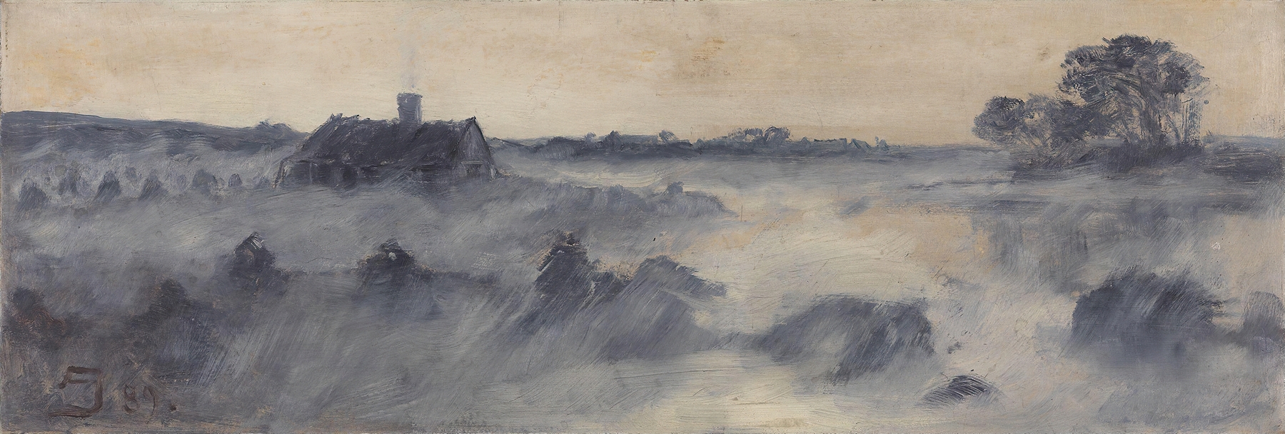 Landscape with violet steam, soft colors, by August Jerndorff, 1889