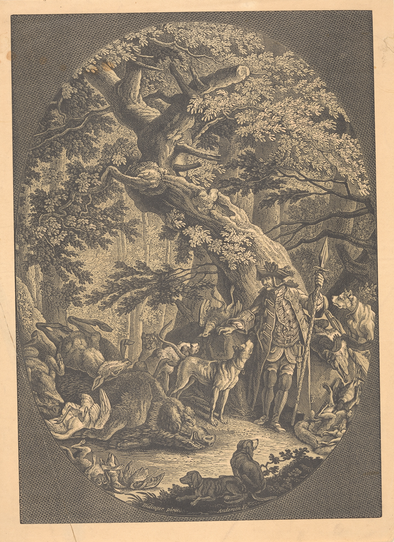 Figurative scene of a hunter with dogs and prey by Alexander Anderson, medium unknown.