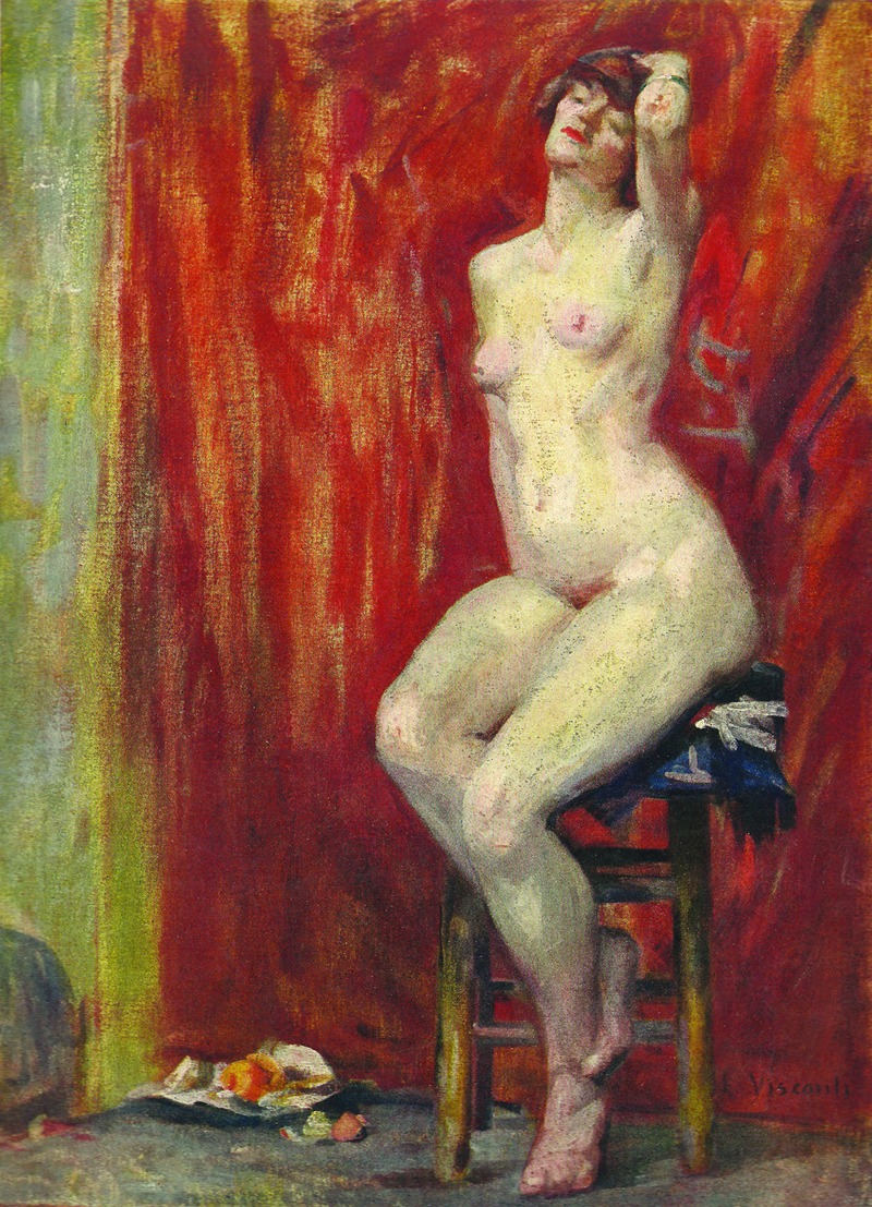 A seated nude figure by Eliseu Visconti, showcasing soft colors and delicate forms.