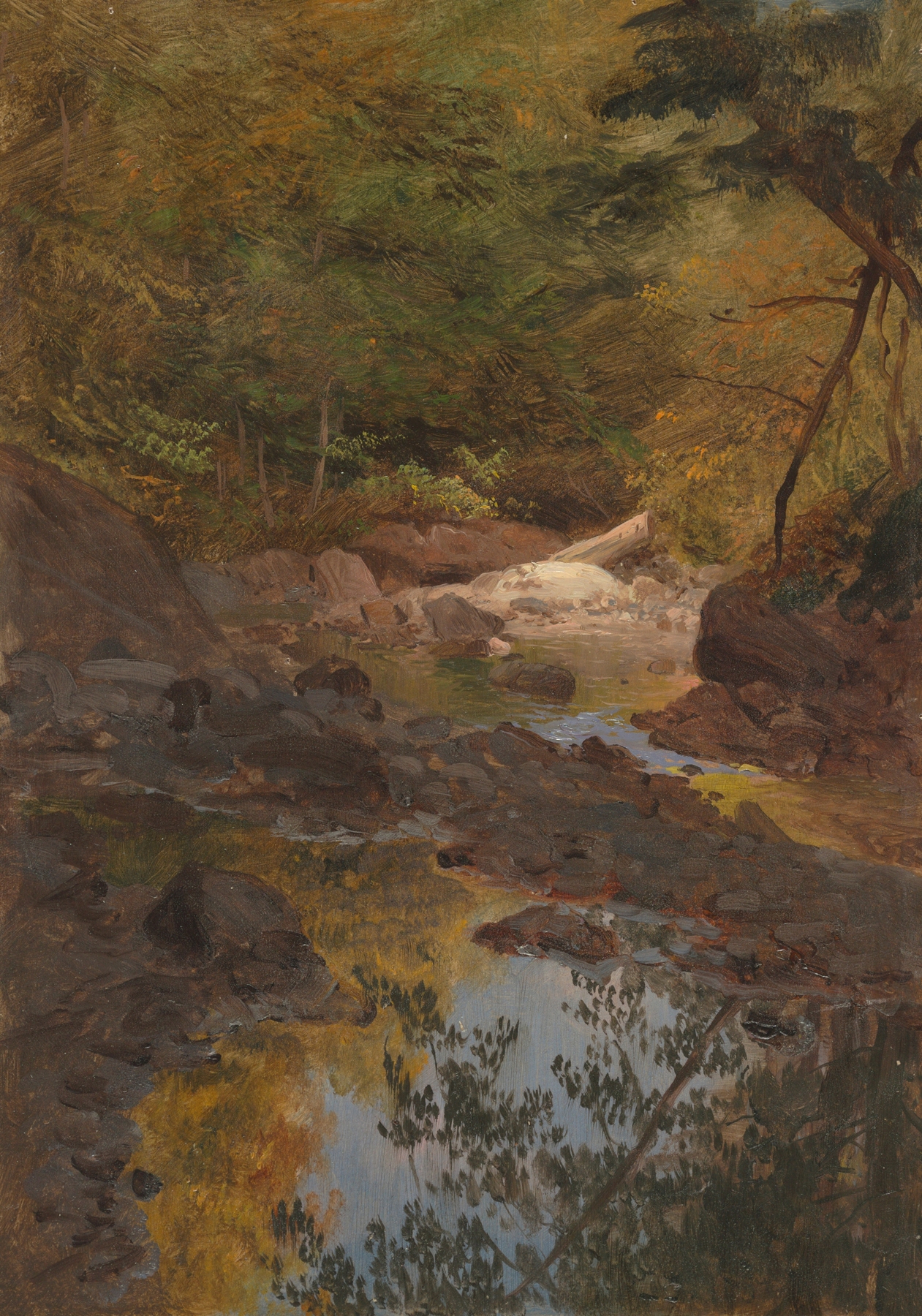 In the New England Woods by Frederic Edwin Church, oil on canvas depicting a lush forest scene.