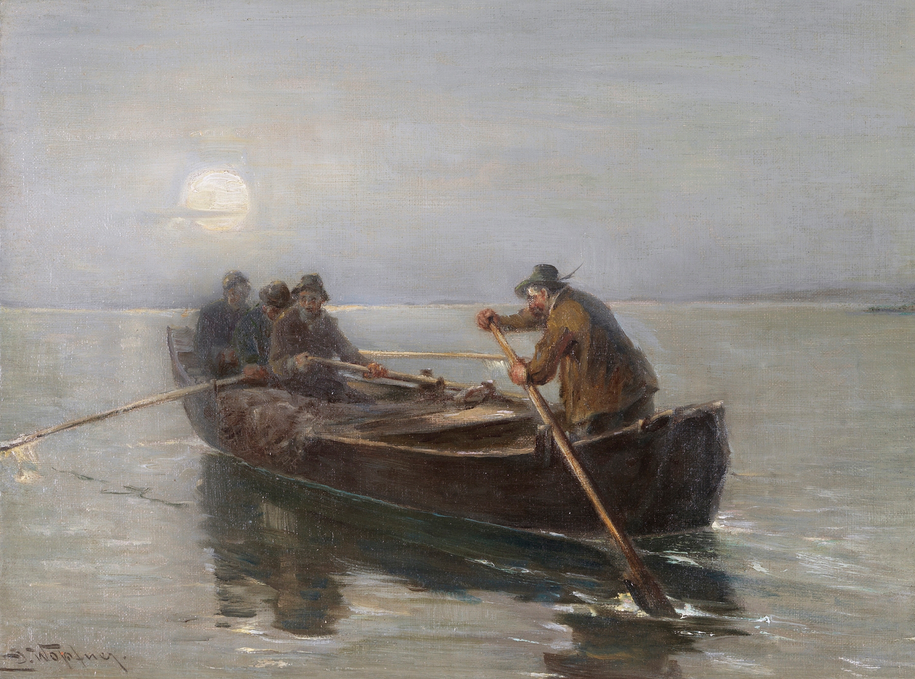 Fischer bei Mondschein, by Joseph Wopfner, public domain